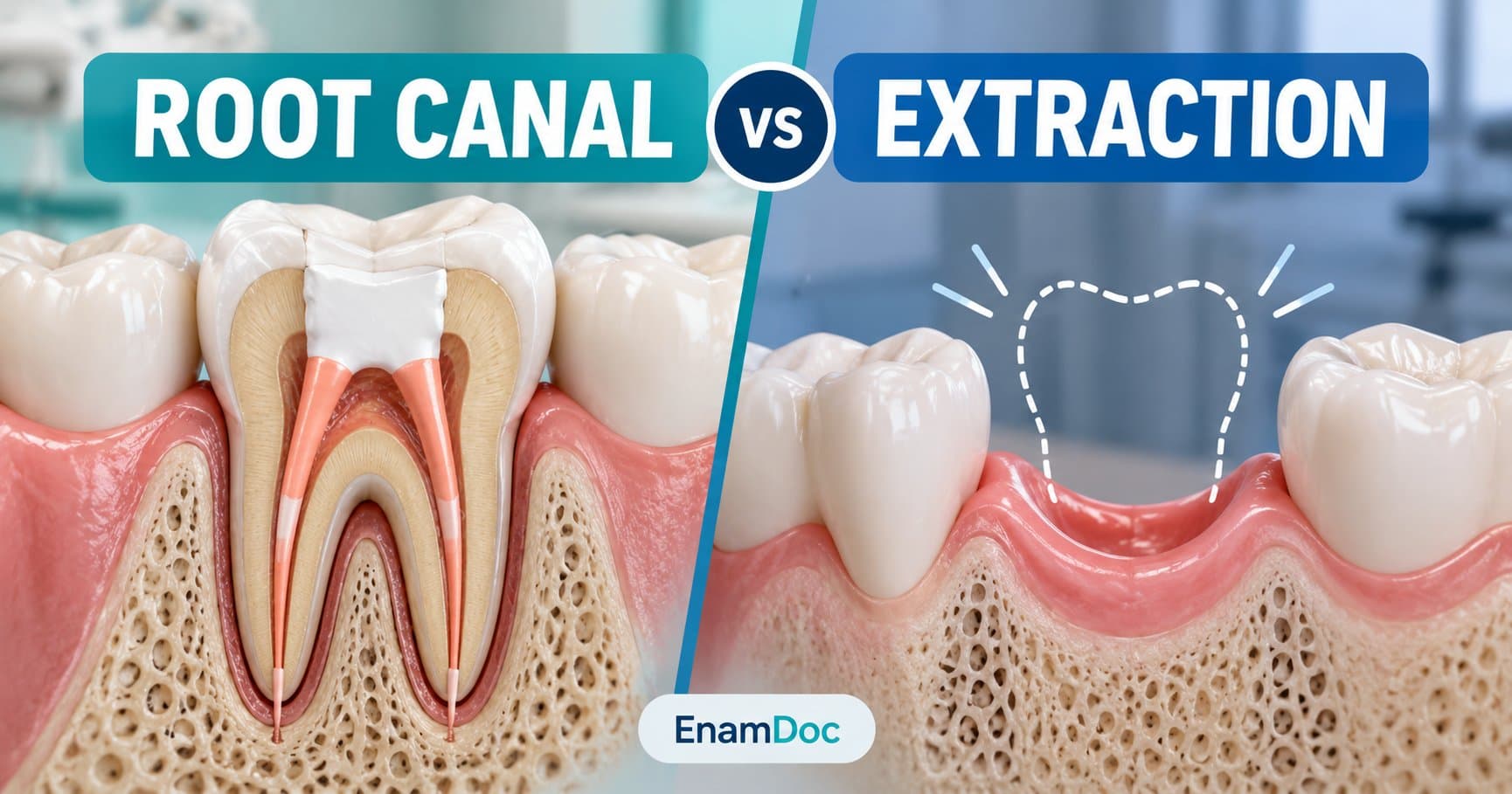 Dental illustration comparing a tooth preserved by root canal treatment with a missing tooth after extraction.