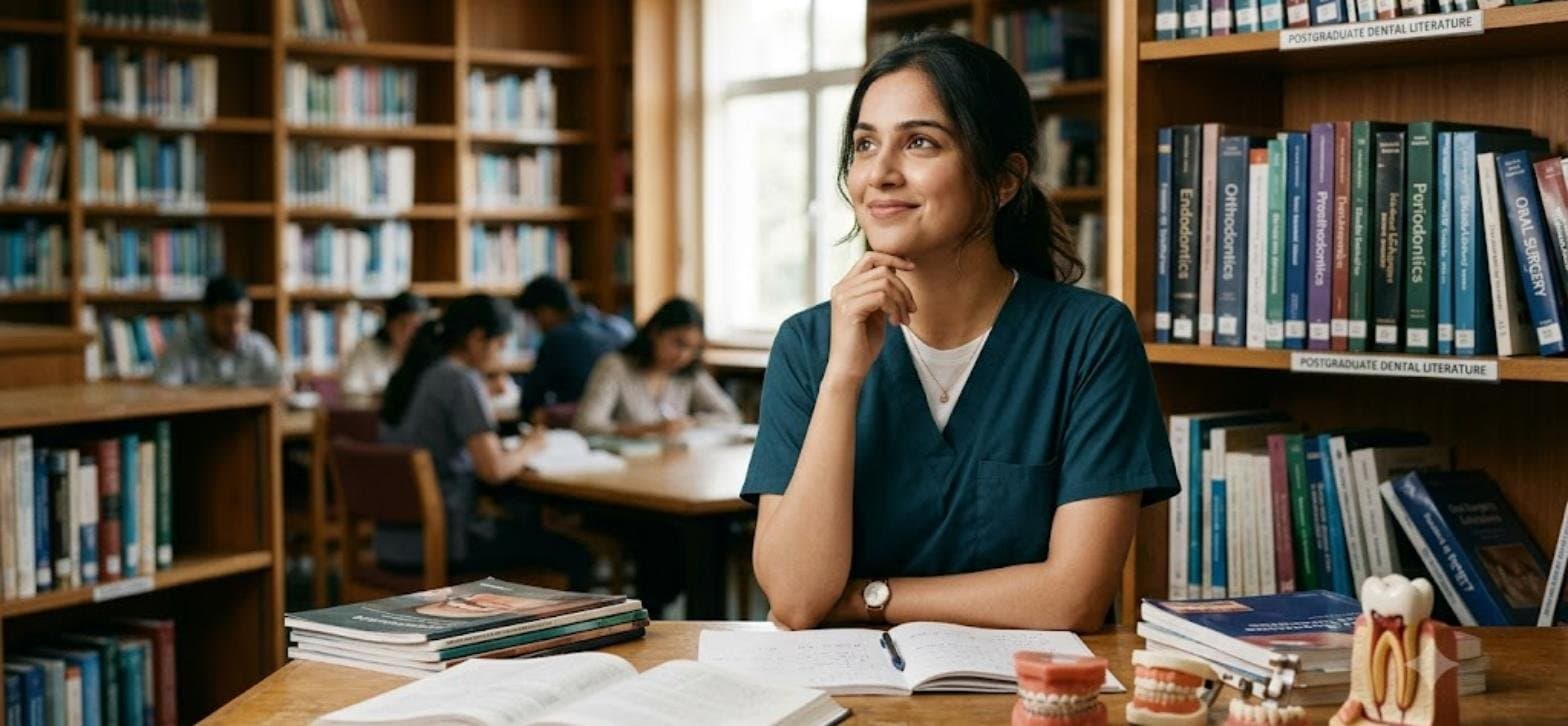 Dental student thinking about MDS specialization options in a college library surrounded by dental textbooks