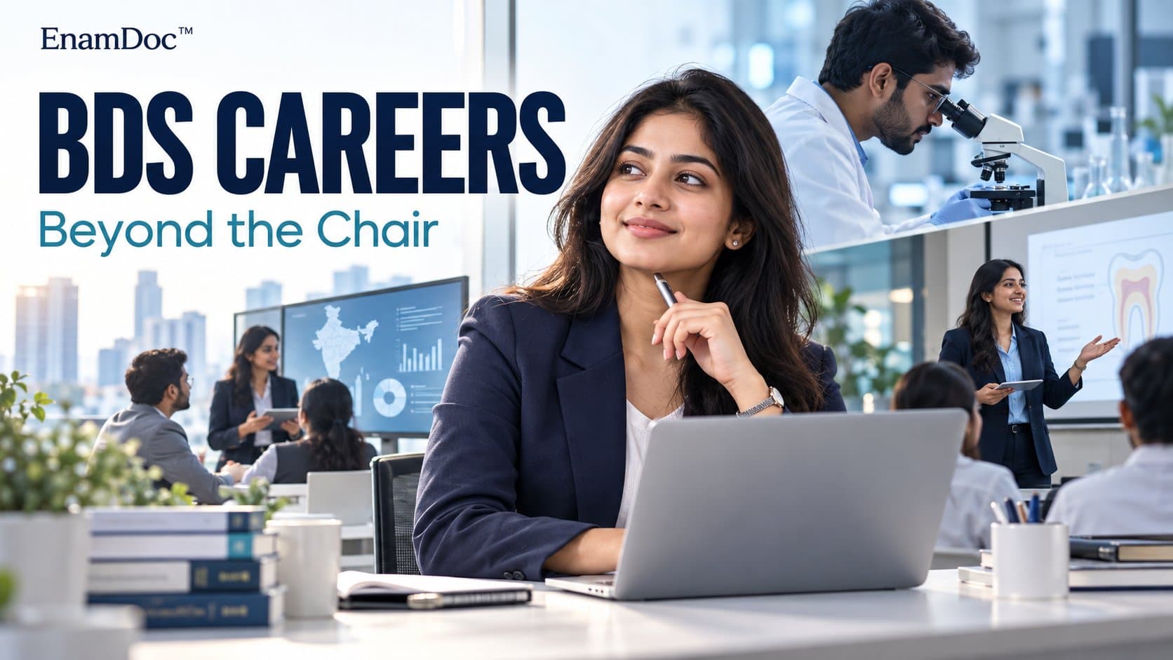 Indian dental graduate at a laptop, with scenes representing healthcare management, research and teaching careers.