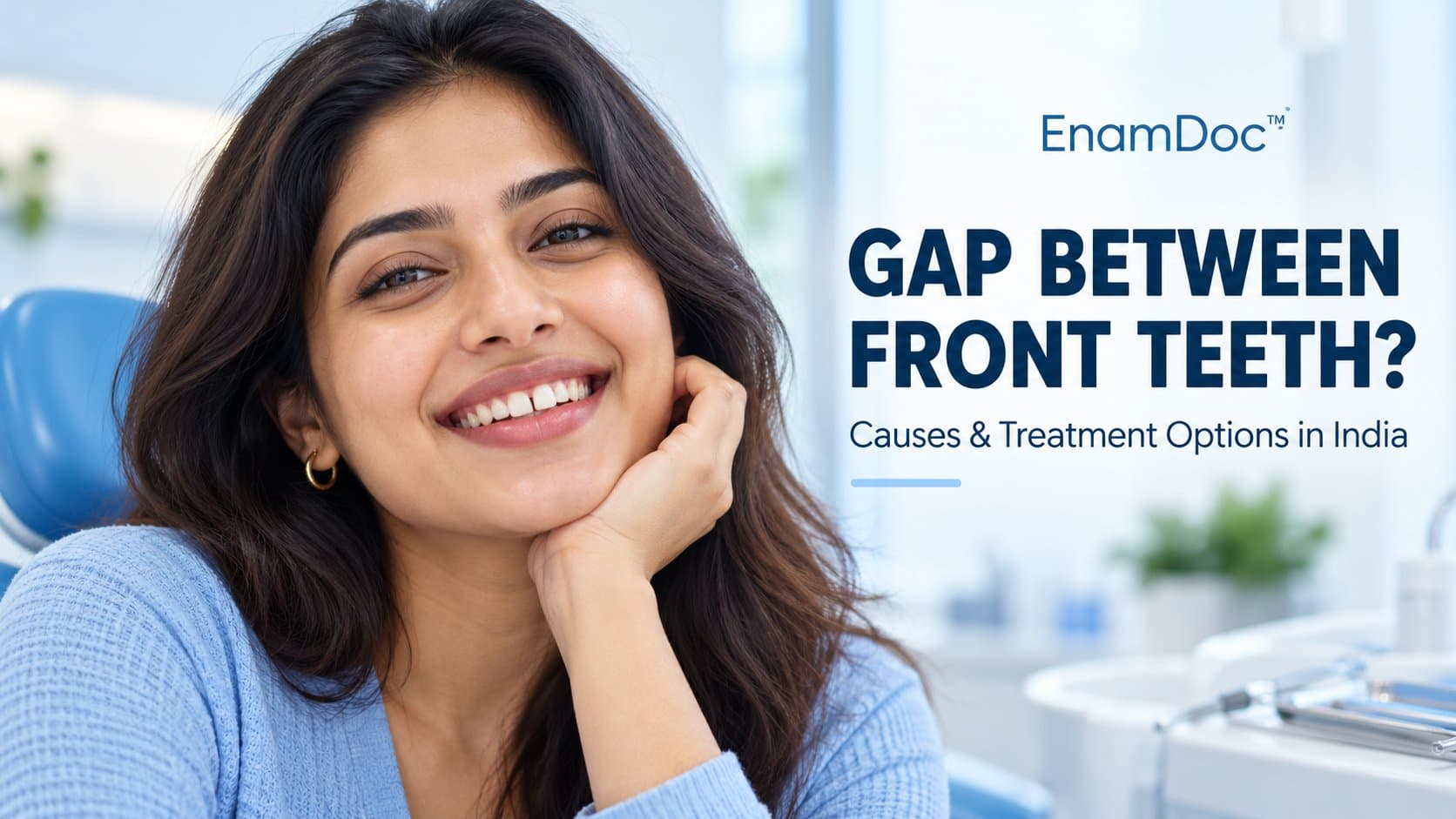 Smiling woman showing a small natural gap between her upper front teeth in a dental clinic.