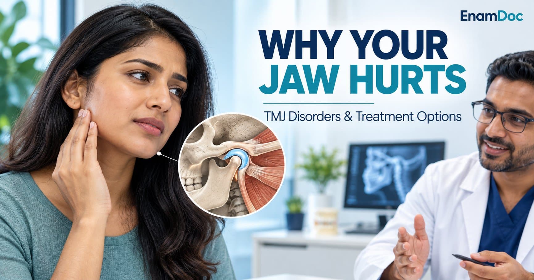 Woman touching her jaw beside an illustration of the jaw joint during a dental consultation.