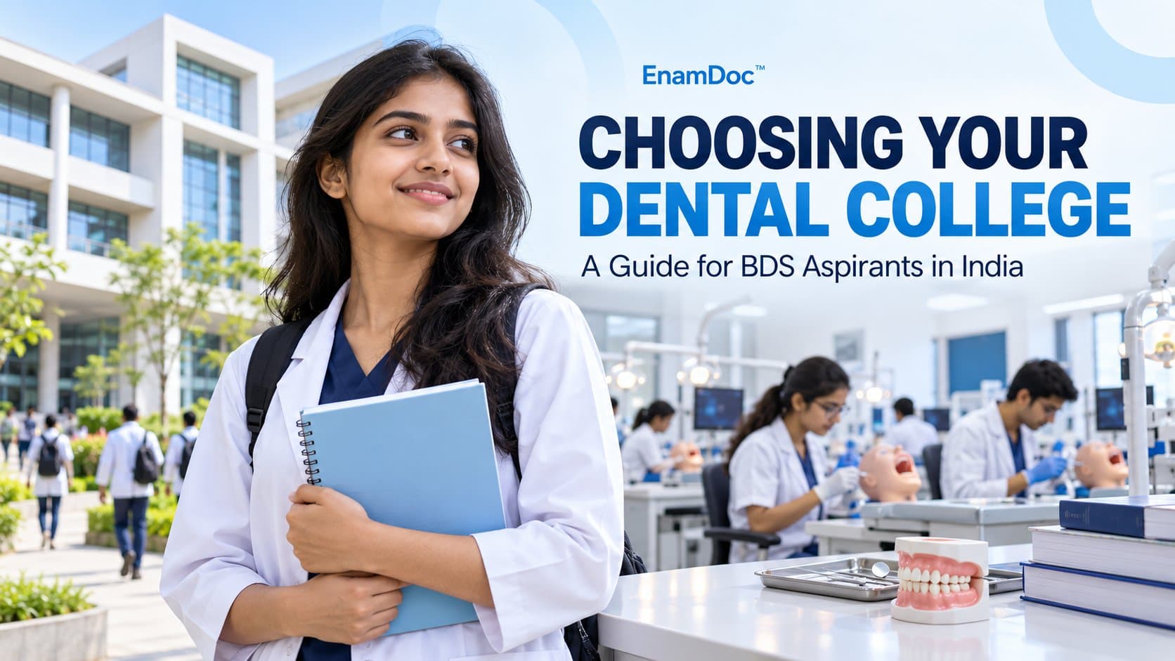 Student holding a notebook beside a college campus and a dental simulation laboratory.