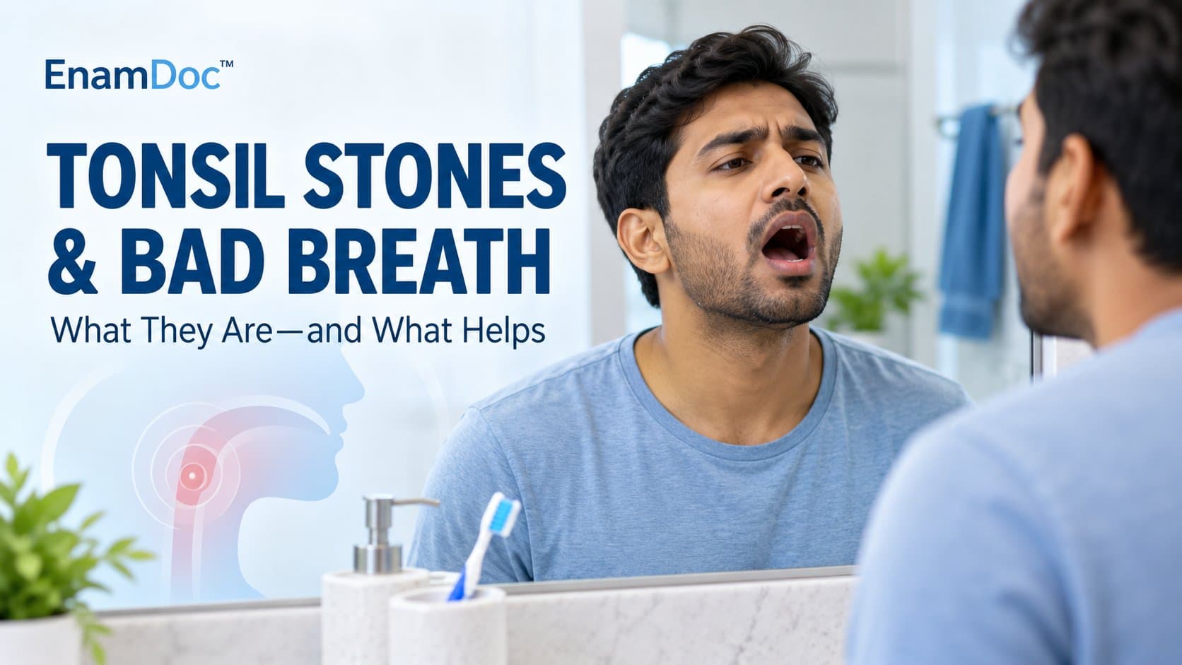 Man checking his open mouth in a bathroom mirror beside a subtle throat illustration.