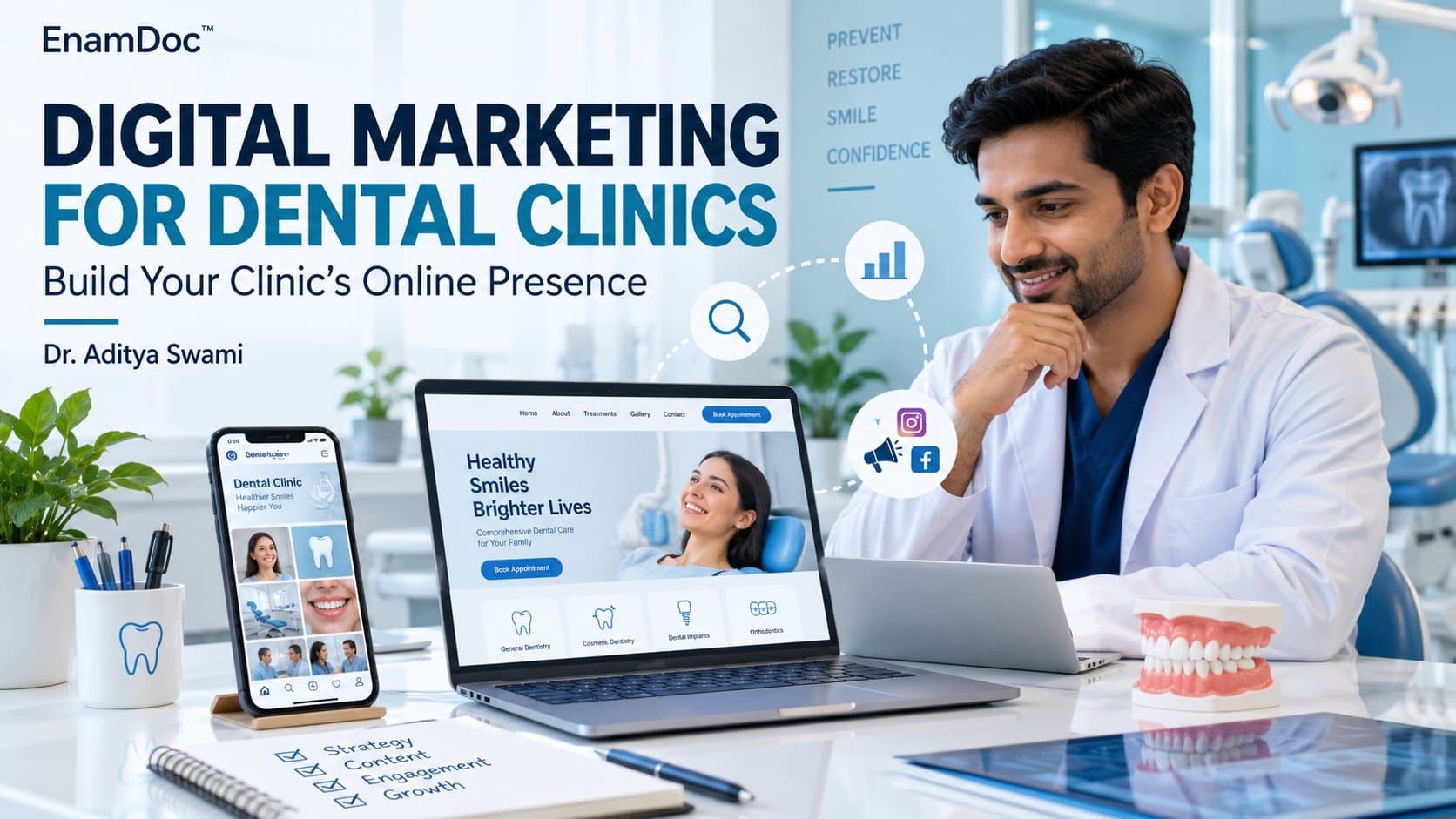 Dentist using a laptop beside a smartphone displaying a dental clinic website and digital marketing icons.