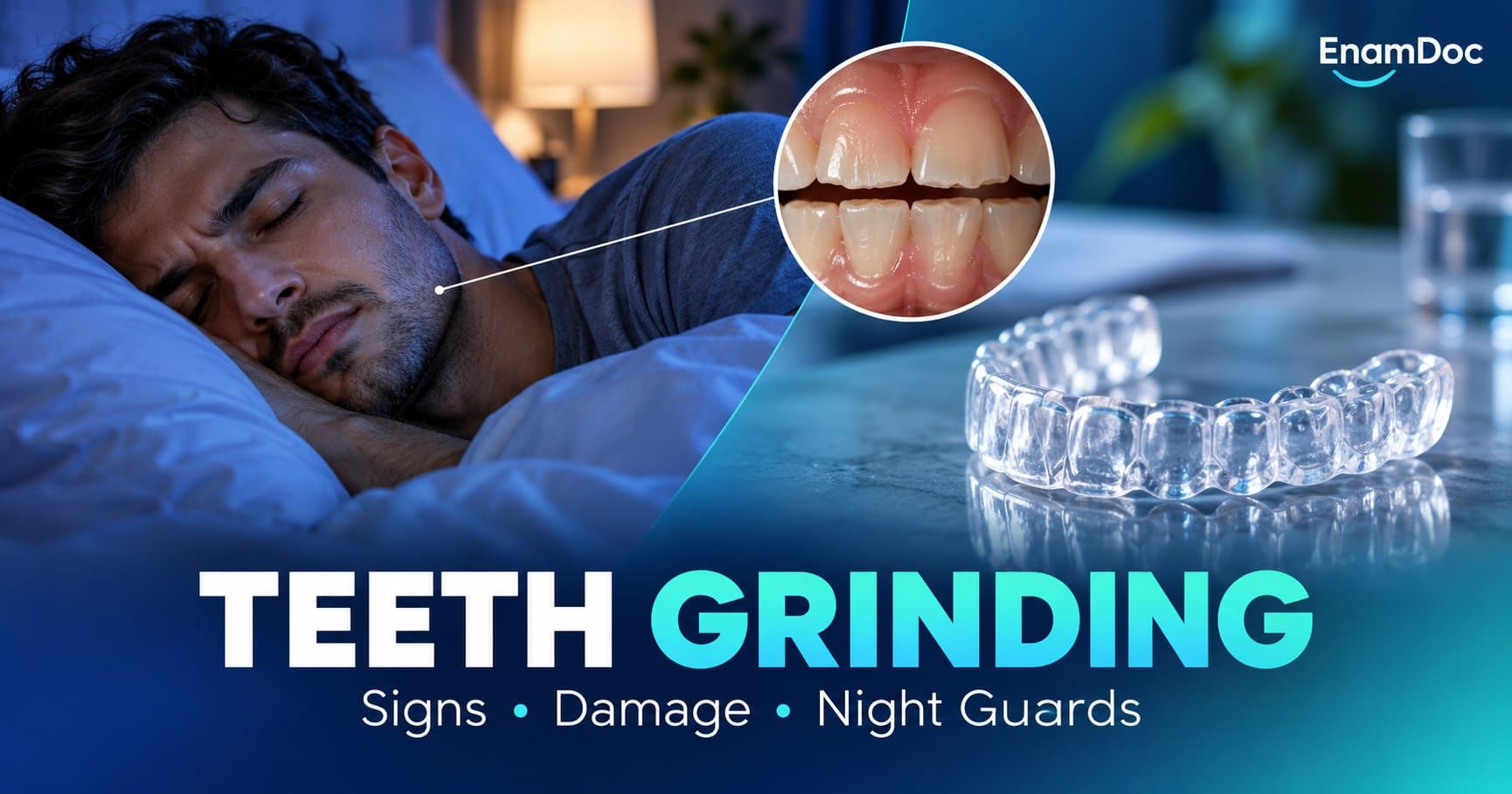 Sleeping adult beside a clear dental night guard and a close-up illustration of worn tooth edges.