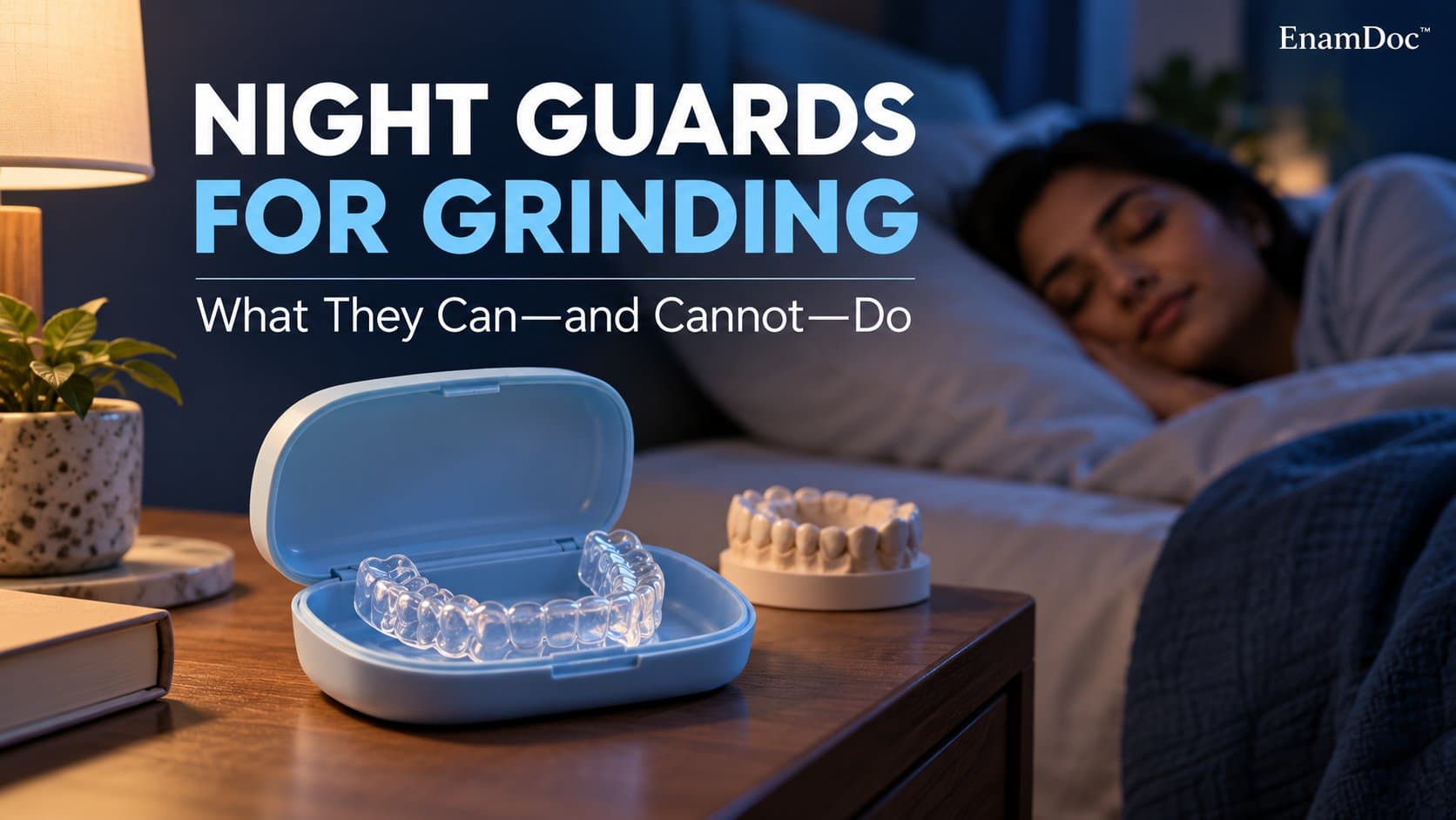 Clear dental night guard in an open case on a bedside table, with a sleeping woman in the background.