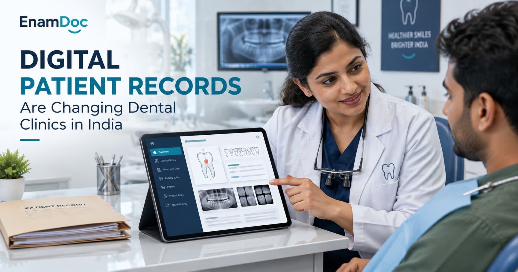 Dentist showing a patient digital dental records on a tablet, with paper files on the desk.