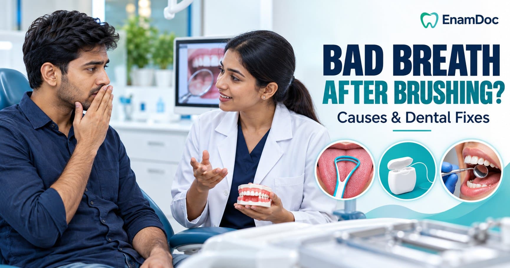 Patient discussing persistent bad breath with a dentist, alongside illustrations of tongue cleaning, flossing and a dental check-up.