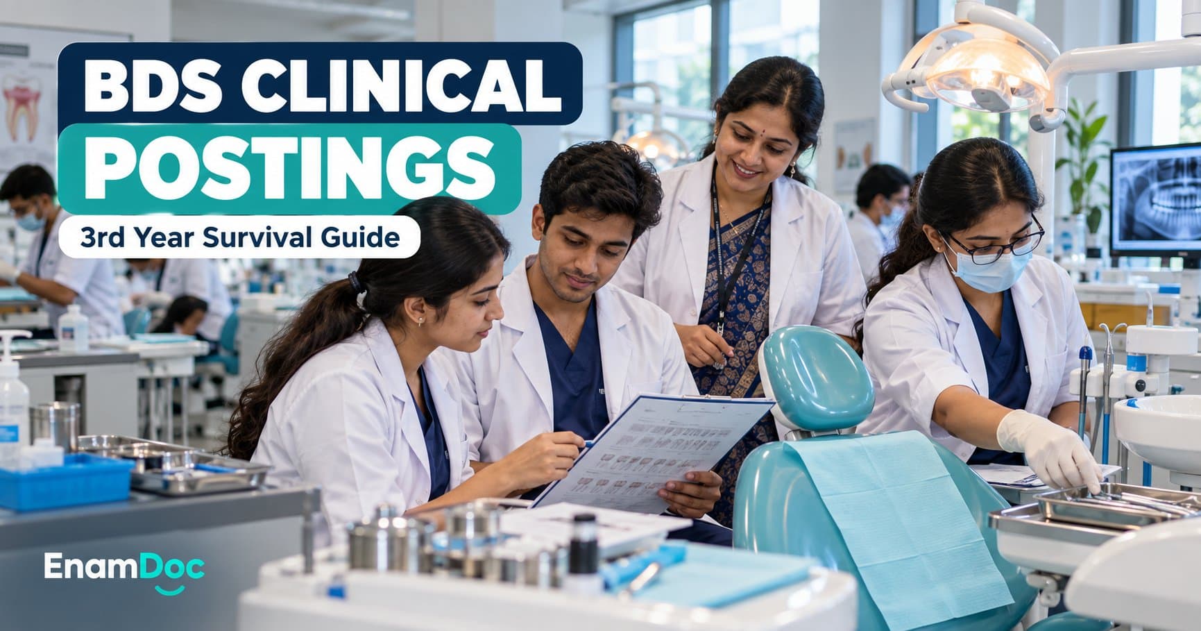 Third-year BDS students reviewing a chart and preparing a dental chair with a clinical supervisor.