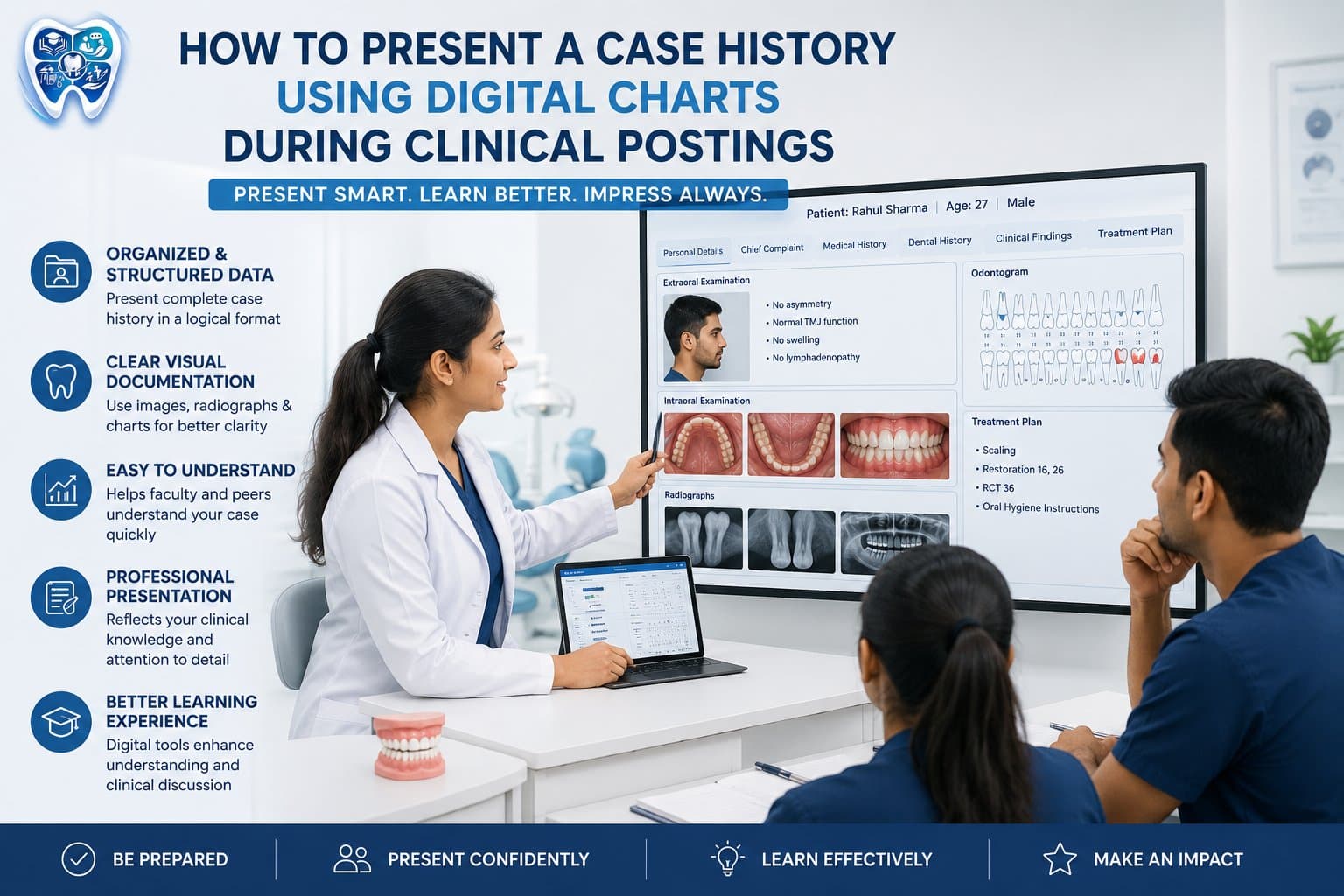 Dental student presenting a patient case history using digital charts, clinical photographs, radiographs, odontogram, and treatment planning during clinical postings.