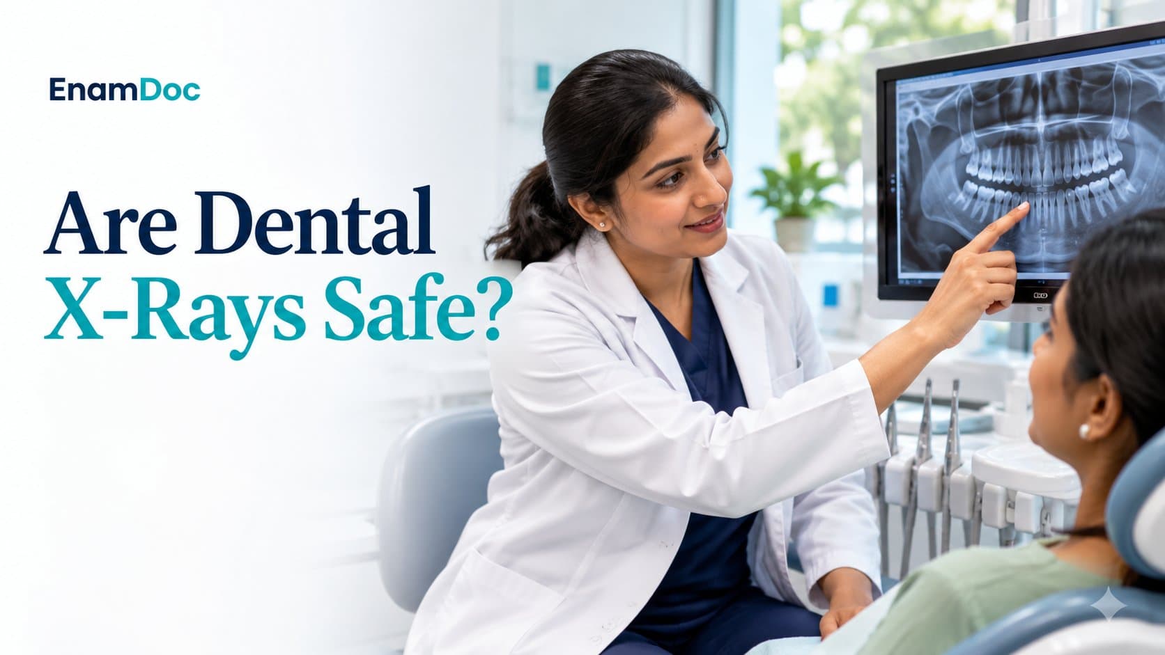 Dentist explaining a panoramic dental X-ray to a patient