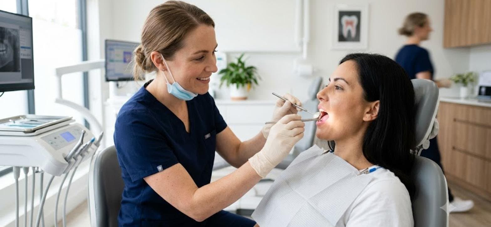 Dentist using a mirror to examine a patient's mouth during a check-up, representing an oral thrush evaluation