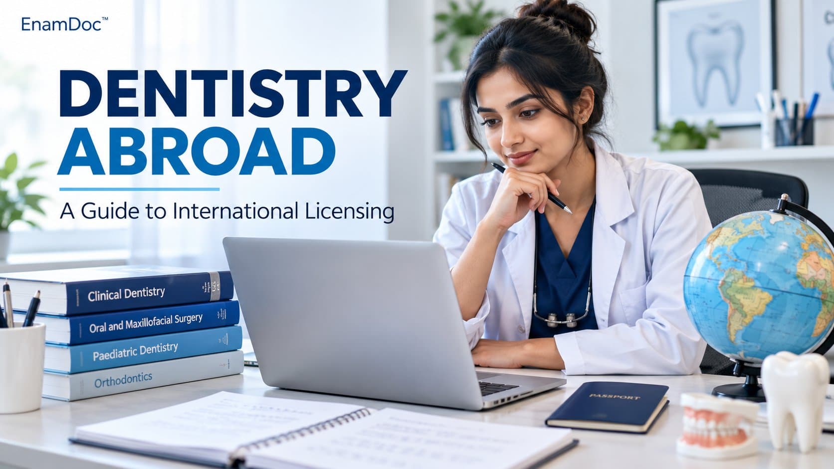 Dental graduate studying at a laptop beside textbooks, a passport, and a globe.