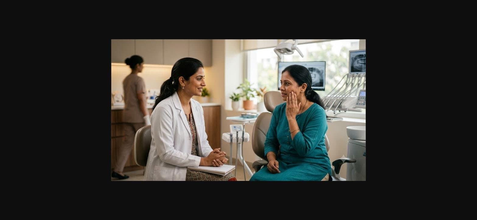 Dentist listening to a patient describing mouth discomfort during a consultation