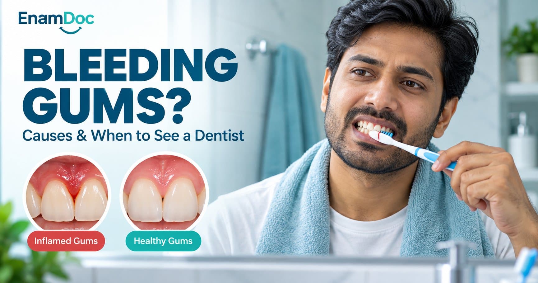 Person brushing their teeth beside close-up images comparing inflamed gums with healthy gums.