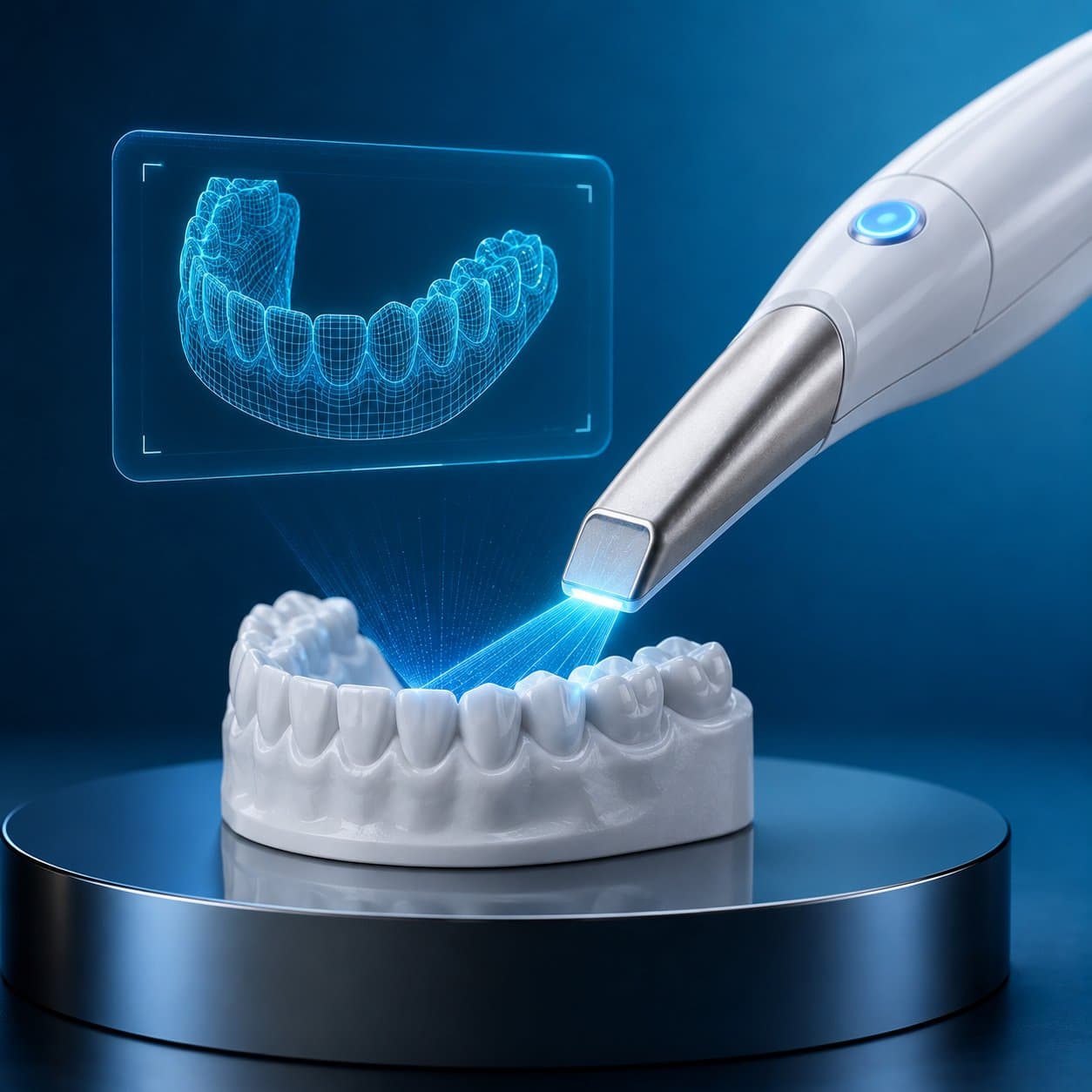 Holographic 3D rendering of an intraoral dental scanner in blue light