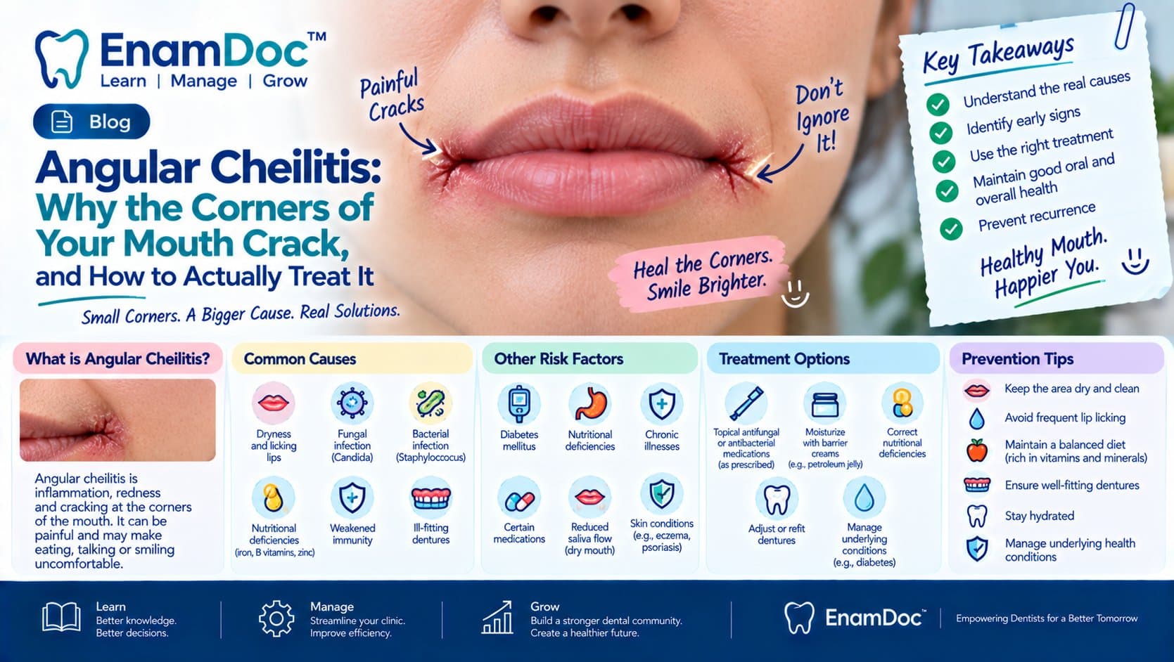 EnamDoc blog cover explaining angular cheilitis, showing painful cracks and redness at the corners of the mouth with common causes, risk factors, treatment options, prevention tips, and guidance for maintaining healthy lips and oral health.