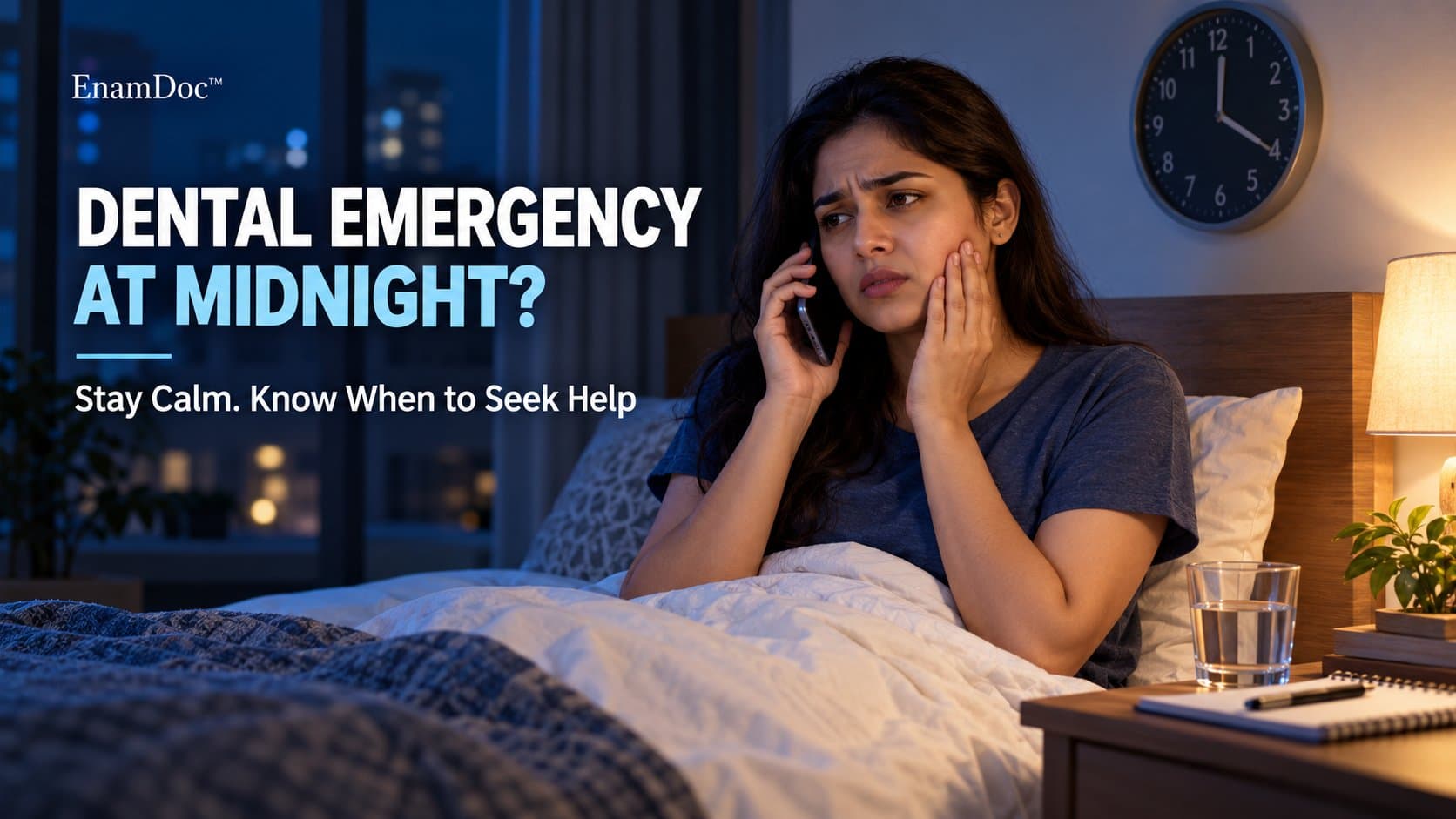 Woman holding her cheek while making a phone call from bed at night, with water and a notebook nearby.