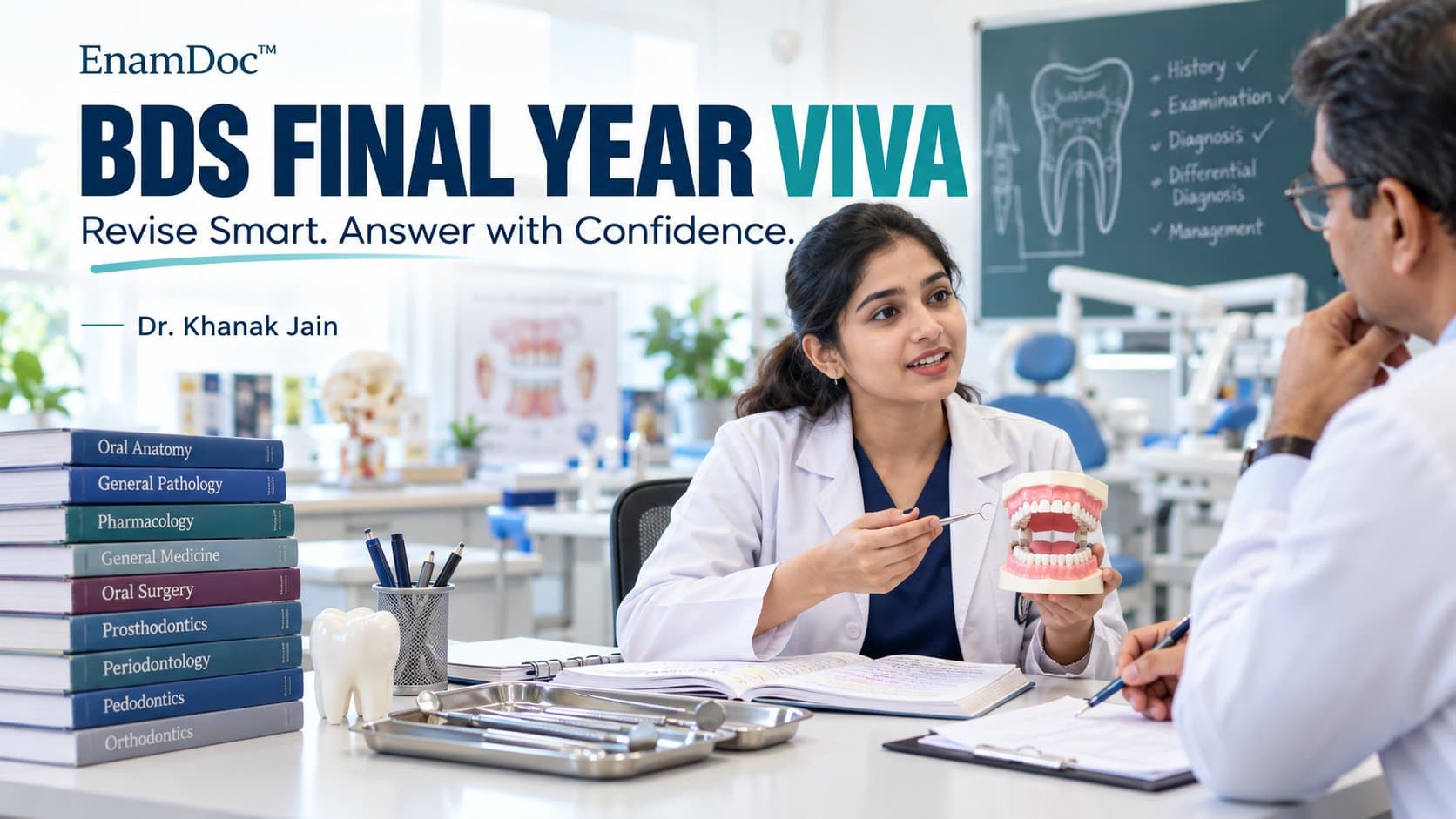 Dental student discussing a dental model with an examiner, with textbooks and instruments arranged on the desk.