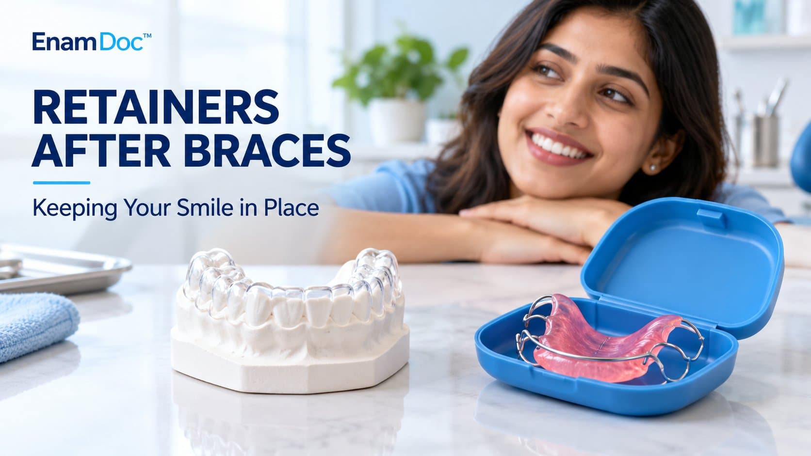 Clear retainer on a dental model and a pink Hawley retainer in a blue case, with a smiling woman behind them.