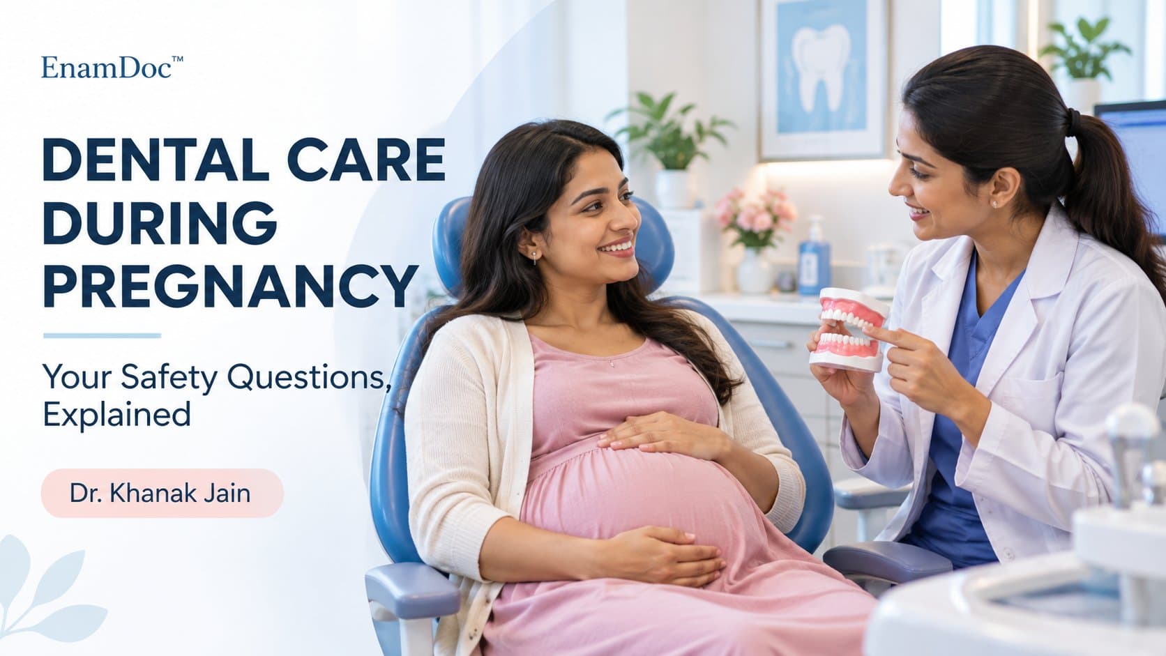 Pregnant woman consulting a dentist who explains dental care using a tooth model.
