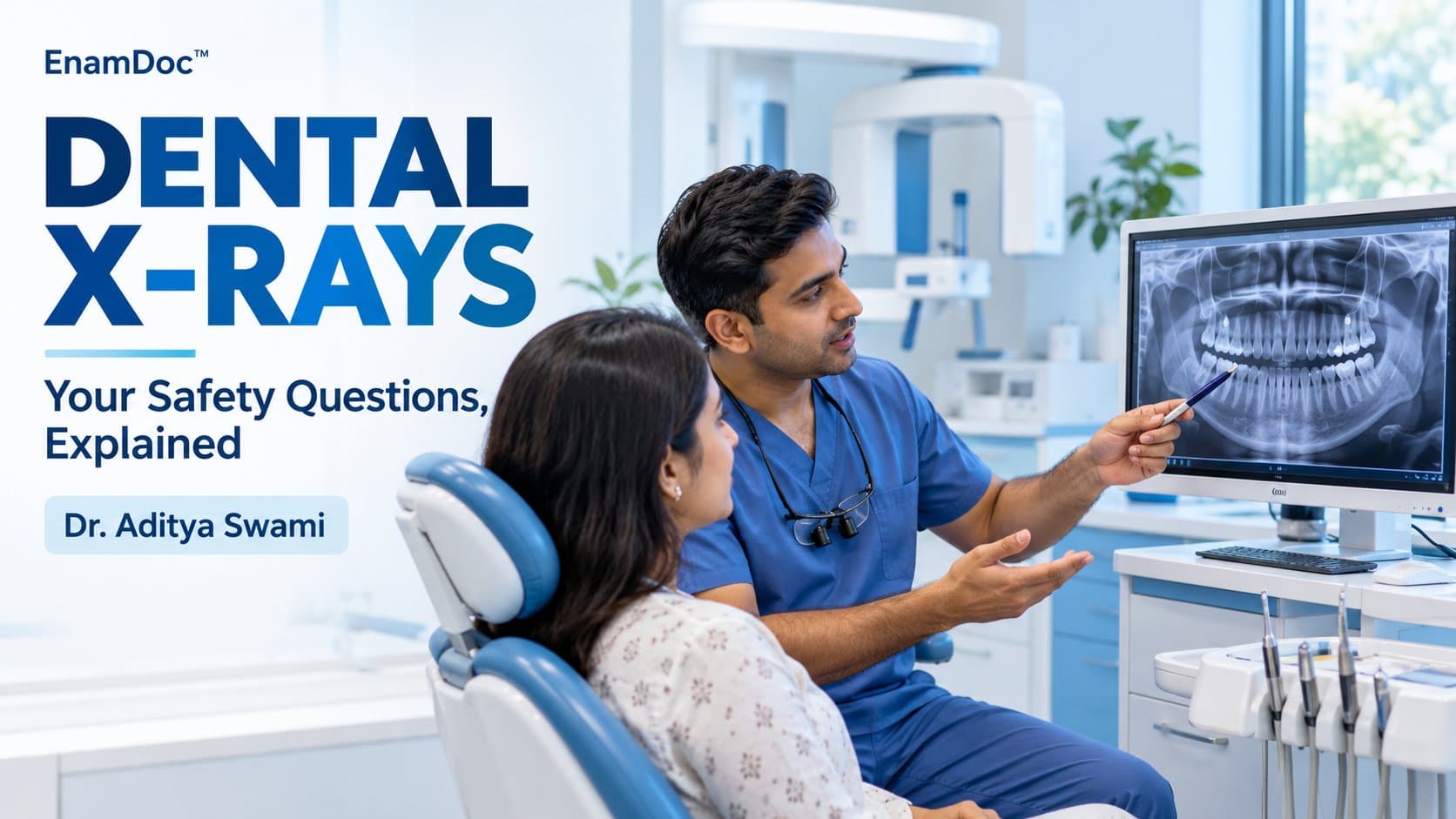 Dentist explaining a panoramic dental X-ray on a monitor to a seated patient.