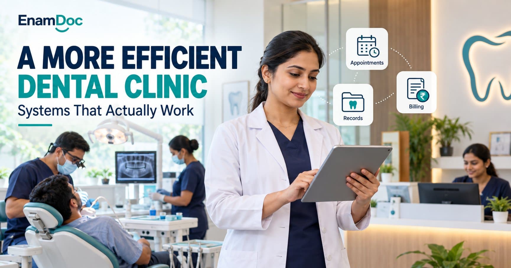Dentist using a tablet in a busy clinic, with icons for appointments, patient records and billing.