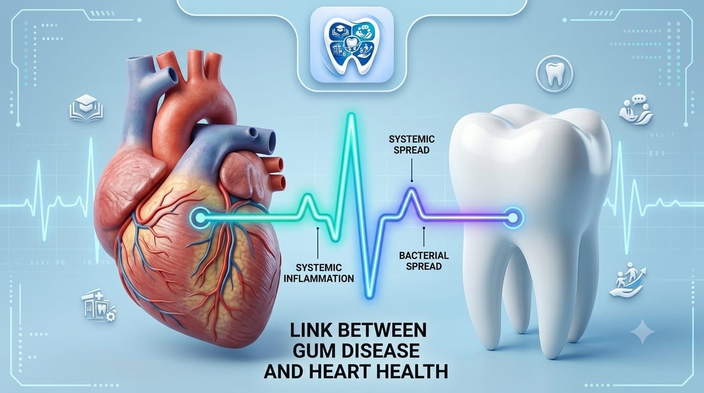 3D illustration of a human heart connected to a tooth by a pulse line, representing the link between gum disease and heart health.