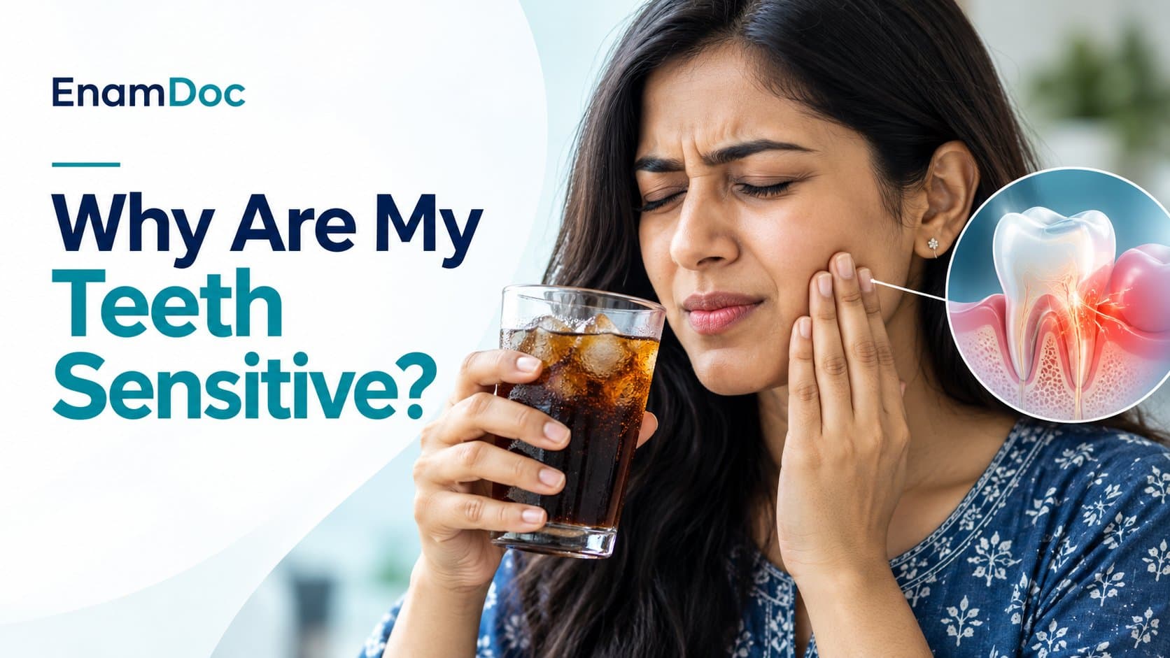 Woman reacting to a cold drink, with an illustration of tooth sensitivity