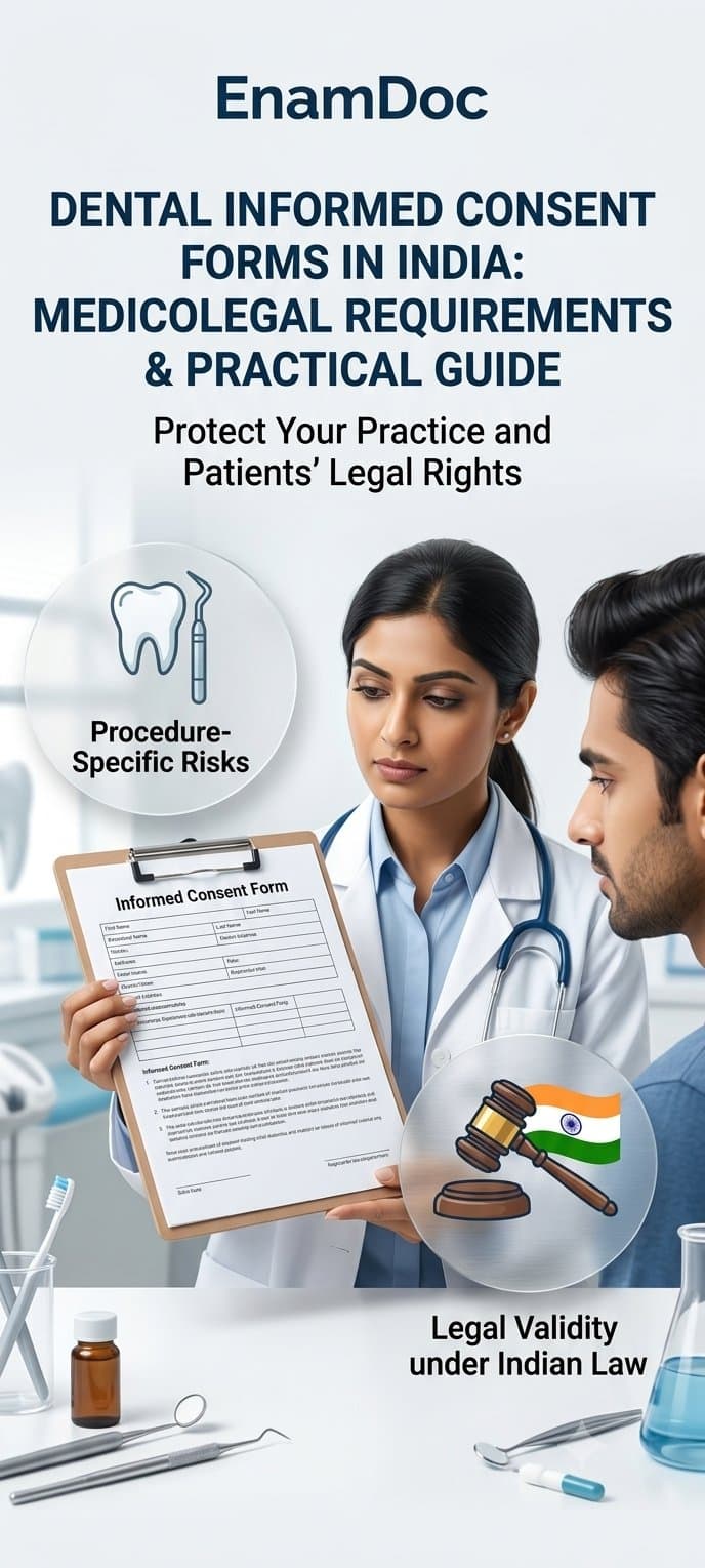 Female Indian dentist discussing an informed consent form on a clipboard with a male patient in a clinic, featuring the EnamDoc logo and icons representing procedure-specific dental risks and Indian legal validity.