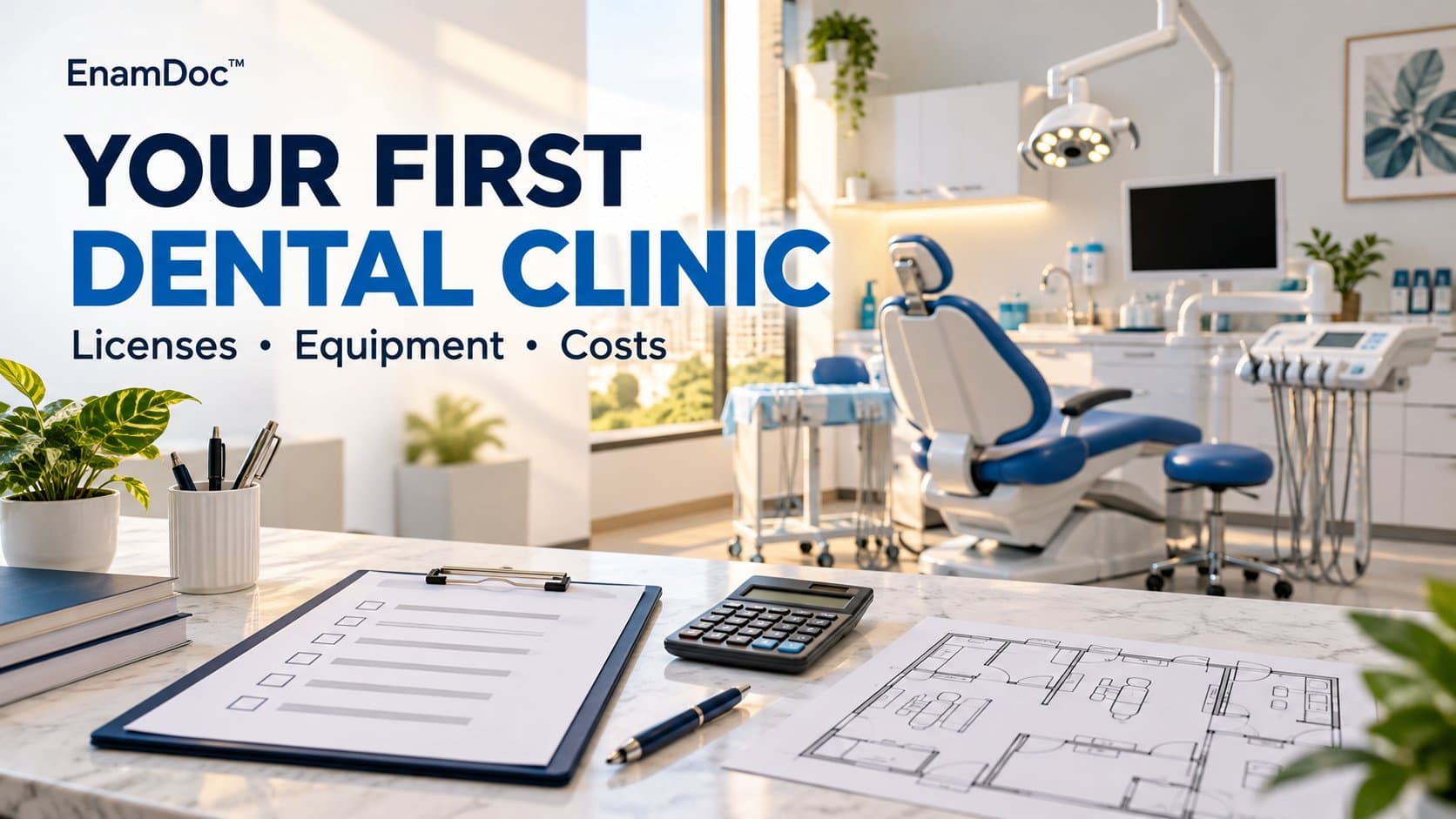 Modern dental clinic with a dental chair, equipment, checklist, calculator and floor plan for clinic setup planning.