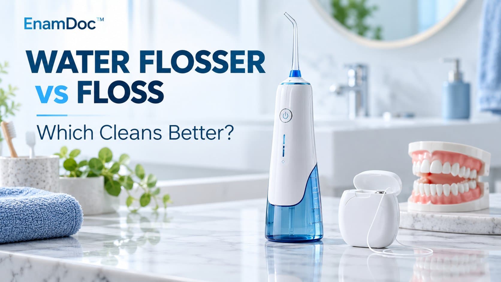 Cordless water flosser and dental floss displayed beside a dental model on a bathroom counter.