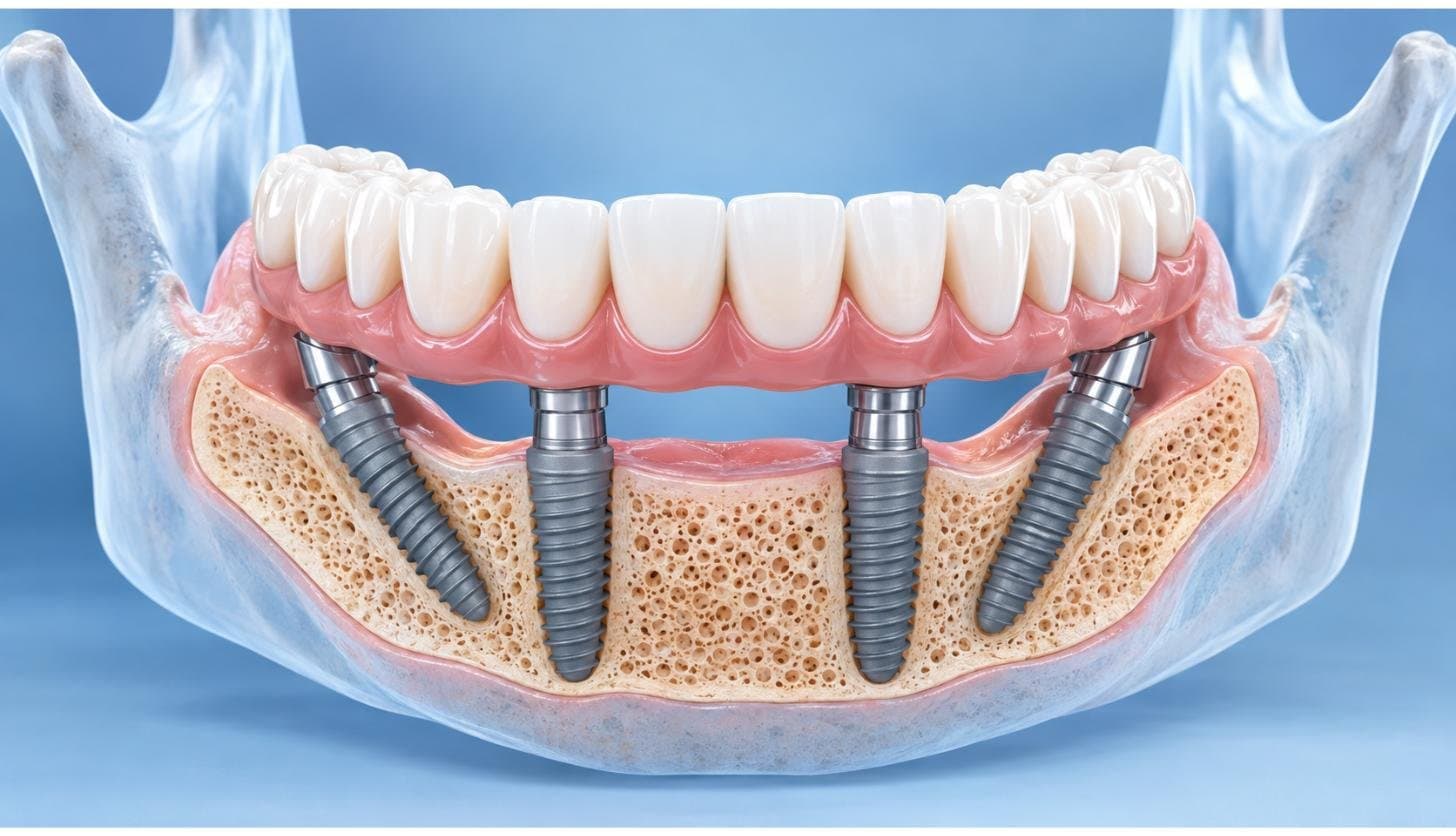 3D illustration of an All-on-4 dental implant bridge showing four angled implants supporting a full arch fixed prosthesis in the lower jaw