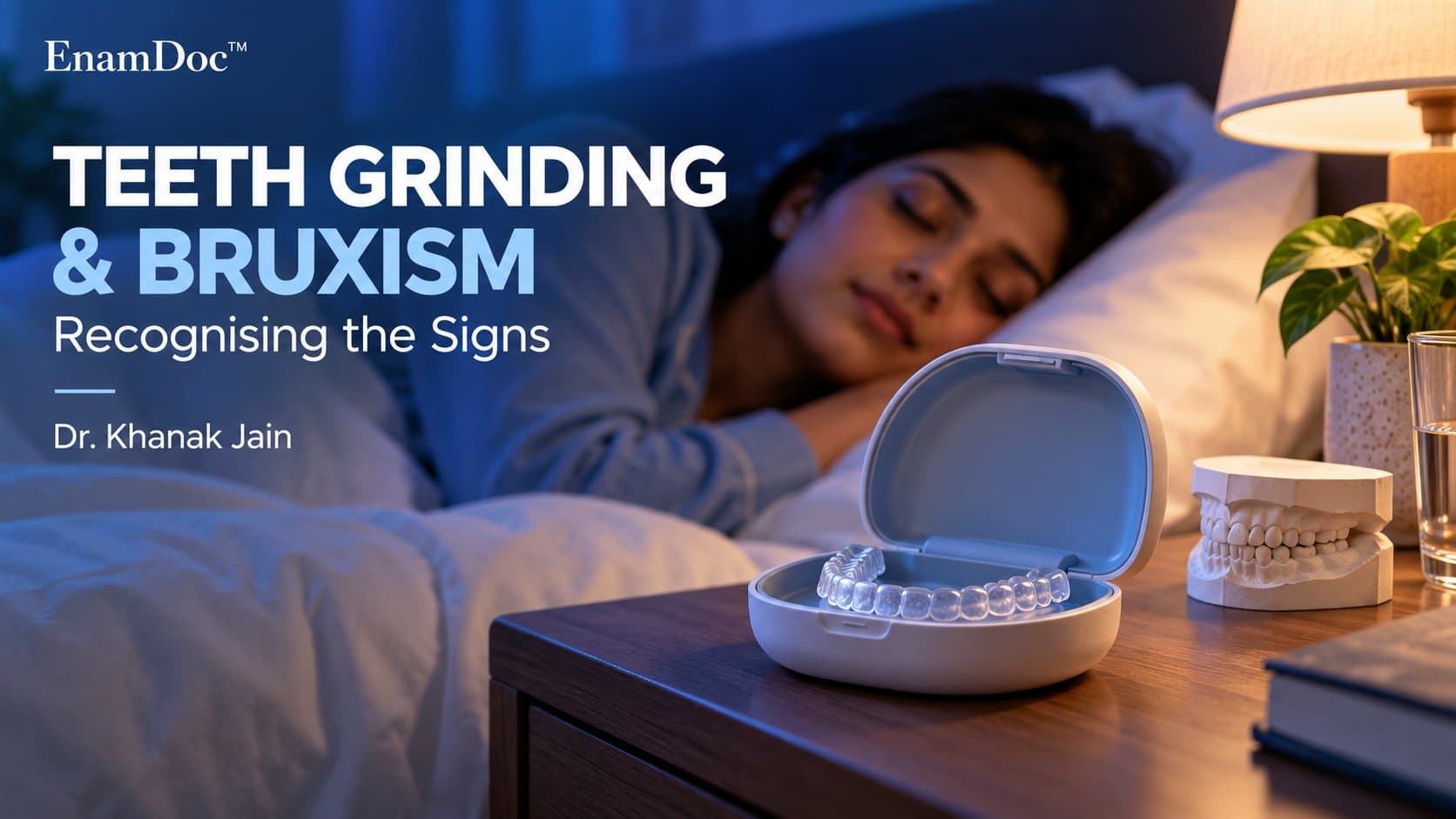 Sleeping woman with a clear dental night guard and tooth model on her bedside table