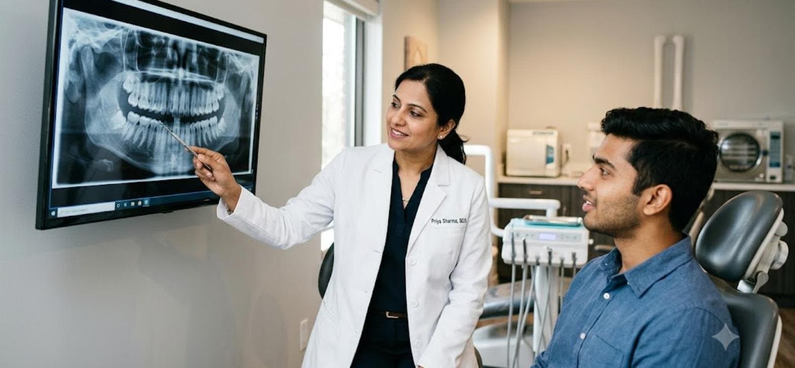 Dentist showing a patient a panoramic dental X-ray on a wall monitor during a wisdom tooth consultation