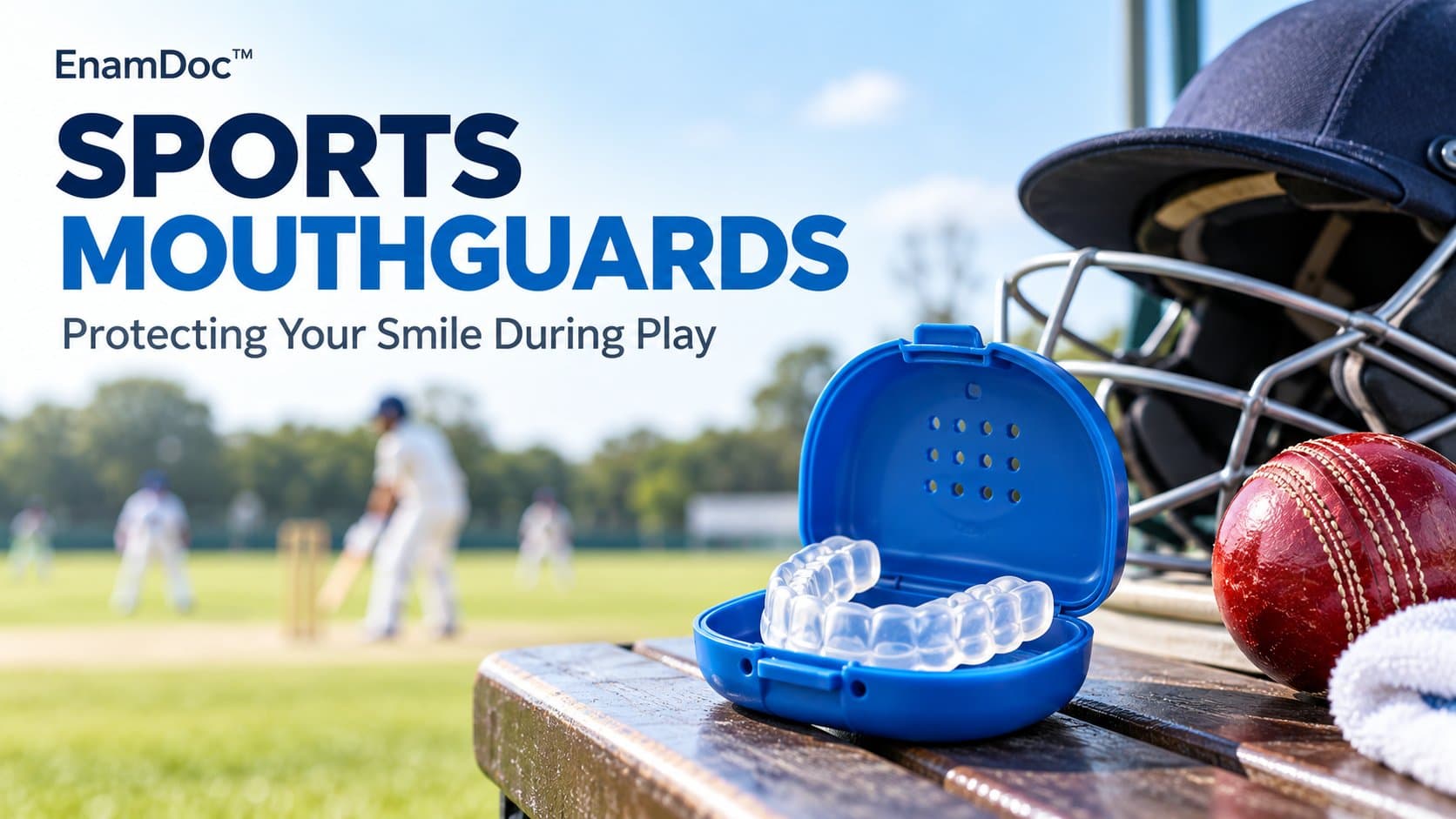 Clear sports mouthguard in a blue case beside a cricket helmet and ball.