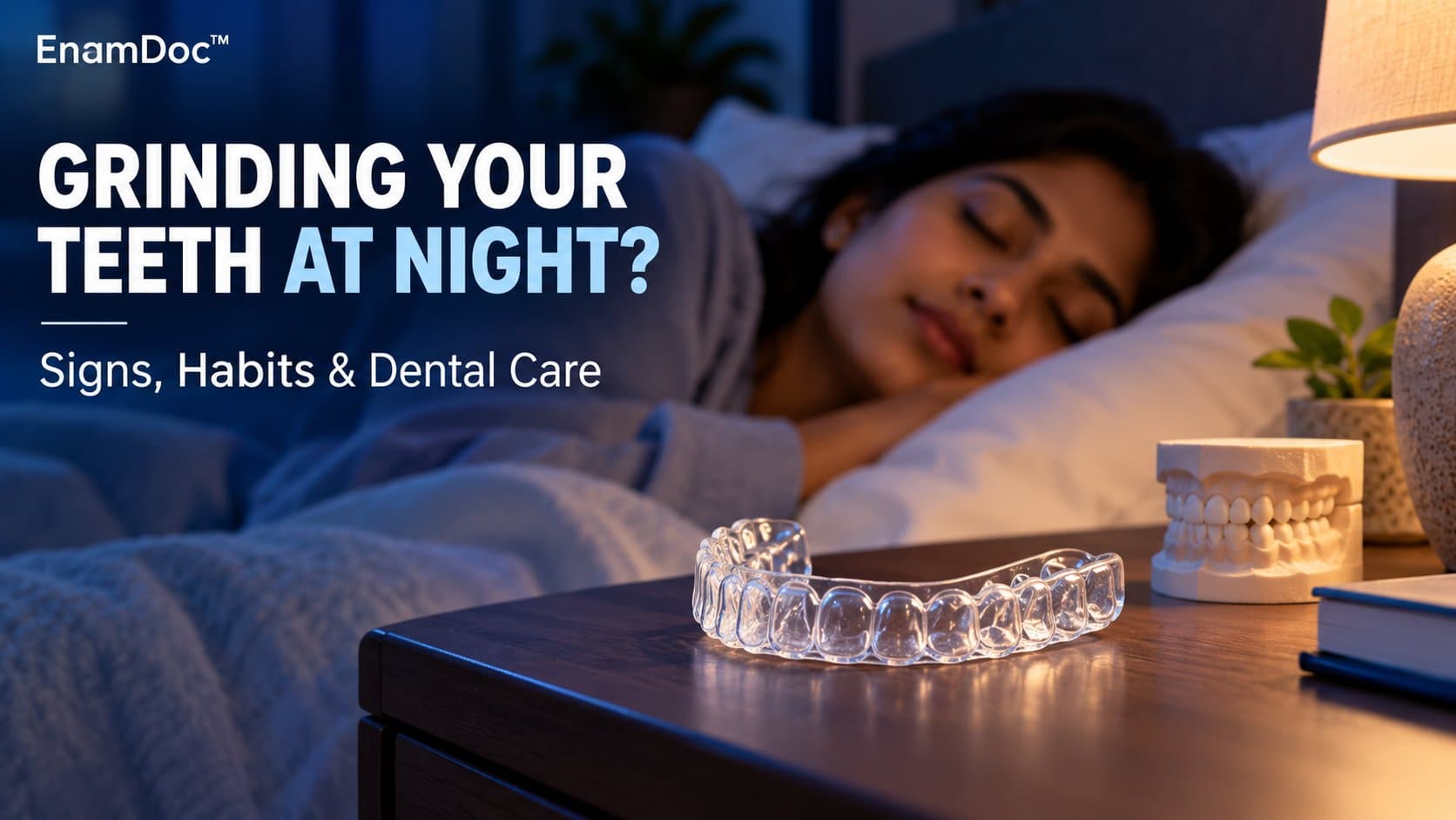 Clear dental night guard and dental model on a bedside table beside a sleeping woman.