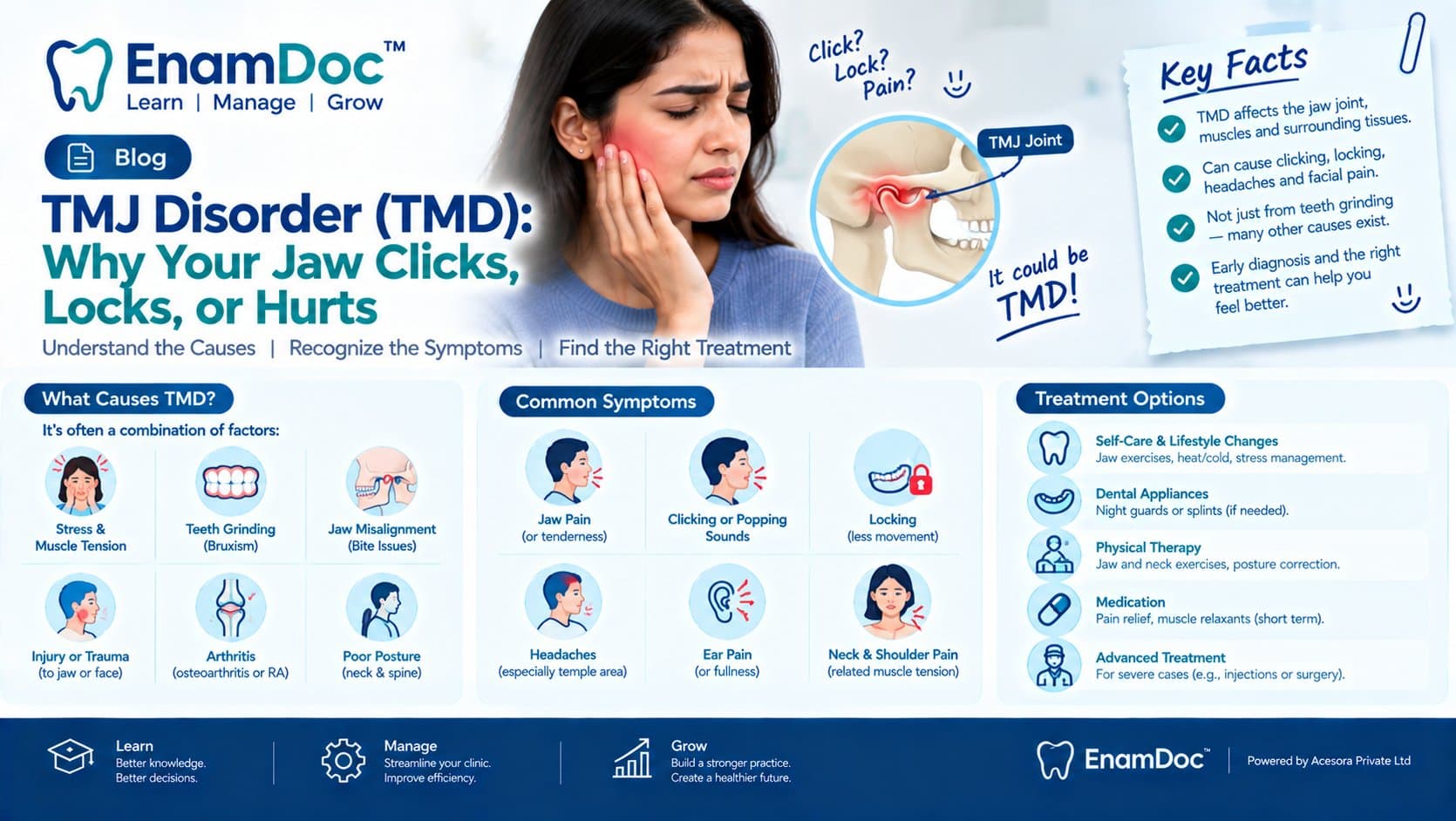 EnamDoc blog cover explaining TMJ disorder (TMD), showing a patient with jaw pain and a highlighted temporomandibular joint, with sections covering causes, symptoms such as clicking and locking, and treatment options including self-care, dental appliances, physical therapy, medication, and advanced care.