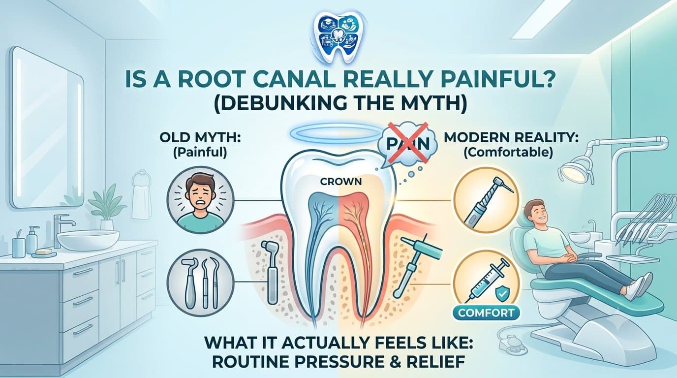 An infographic for EnamDoc debunking the root canal pain myth. The clean, blue-toned banner compares 'Old Myth: (Painful)' with an image of a distressed patient and archaic tools, and 'Modern Reality: (Comfortable)' showing a relaxed patient, an advanced rotary endodontics tool, and a local anaesthetic syringe. Text confirms 'Routine Pressure & Relief.' The complex EnamDoc logo is at the top center.