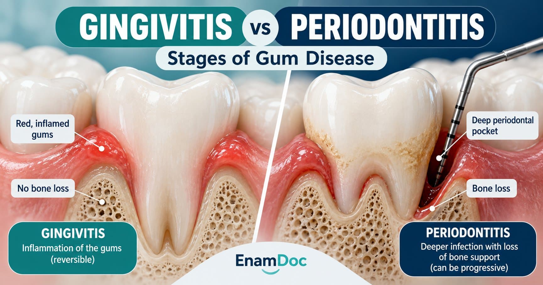 Dental illustration comparing inflamed gums without bone loss and a deeper periodontal pocket with bone loss.