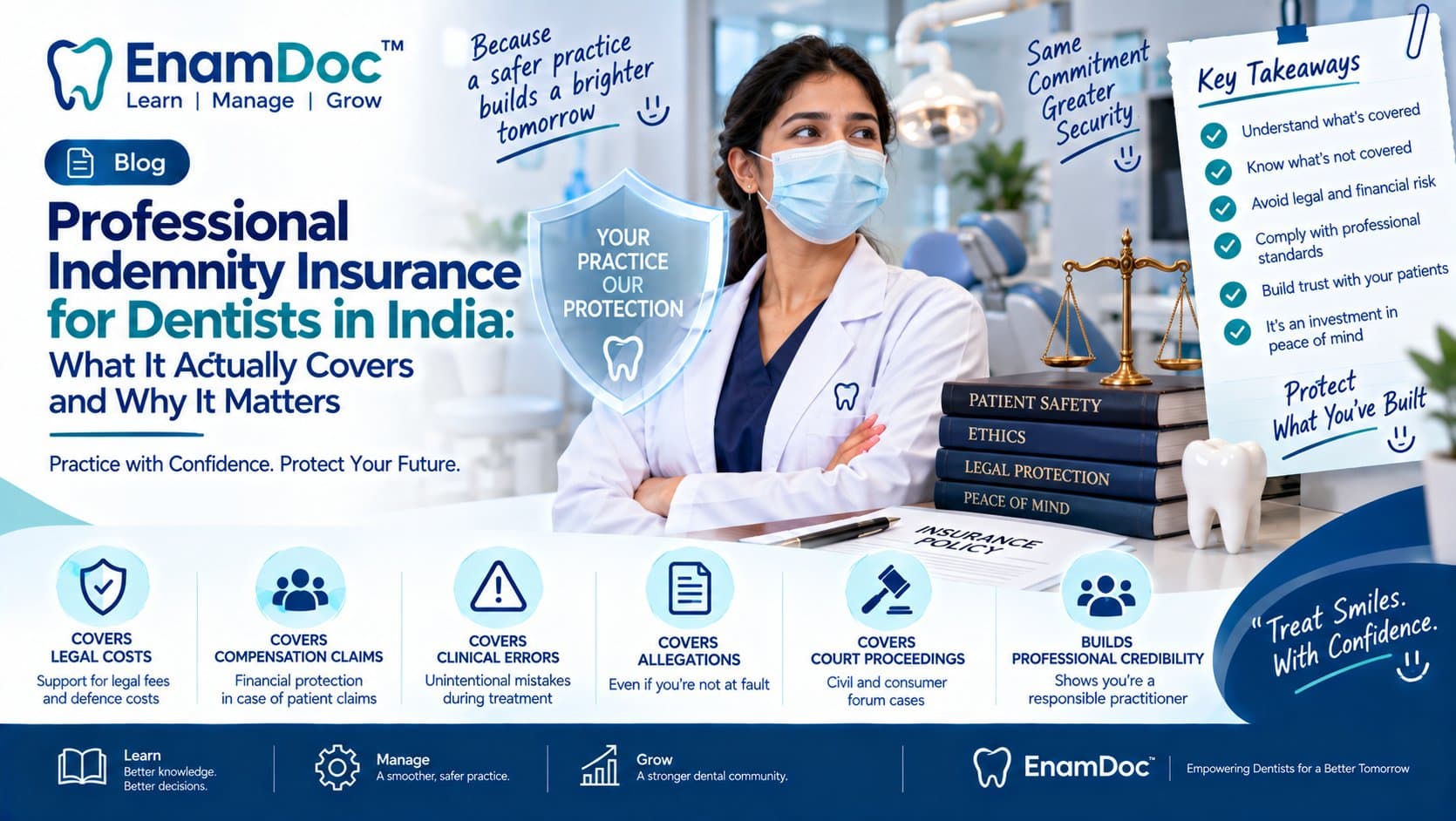 EnamDoc blog cover explaining professional indemnity insurance for dentists in India, featuring a dentist with a protection shield, legal scales, insurance policy, and key coverage areas including legal costs, compensation claims, clinical errors, allegations, and court proceedings.