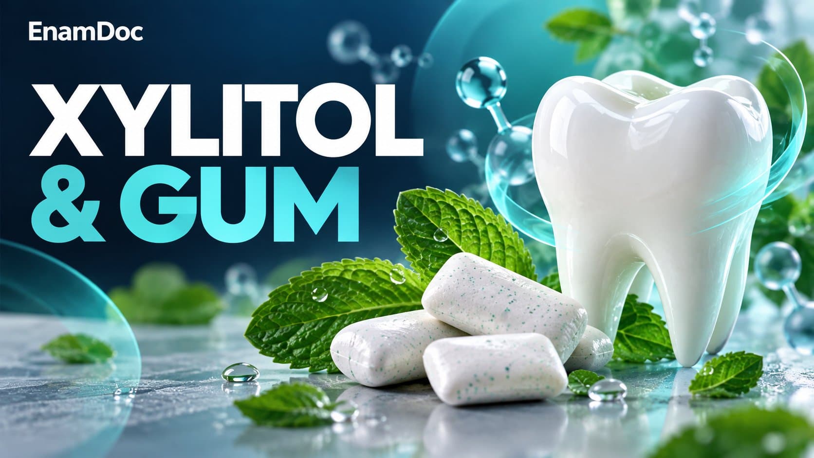 Sugar-free chewing gum and mint leaves beside an illustrated tooth.