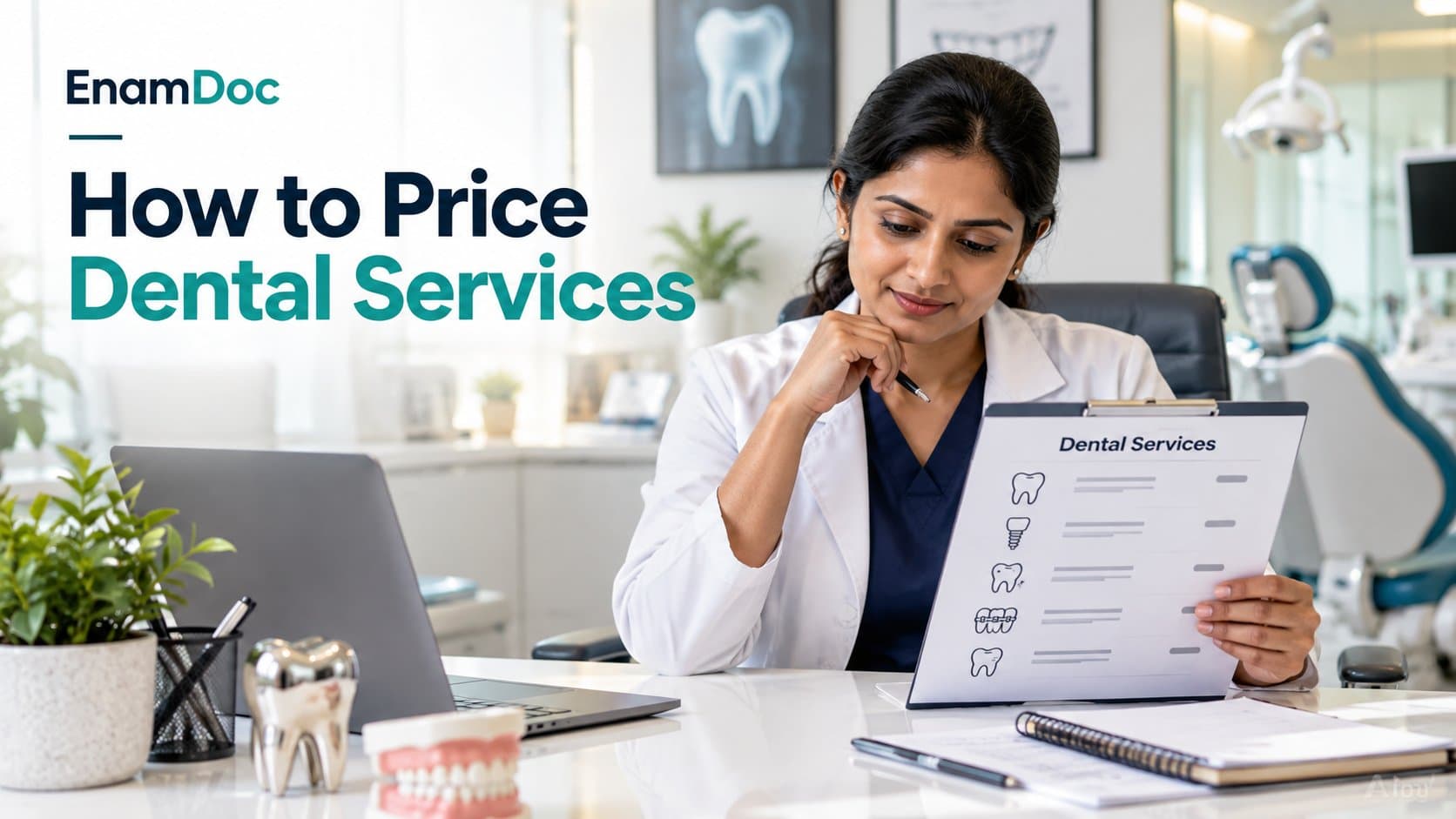 Indian dentist reviewing a dental service fee list at her clinic