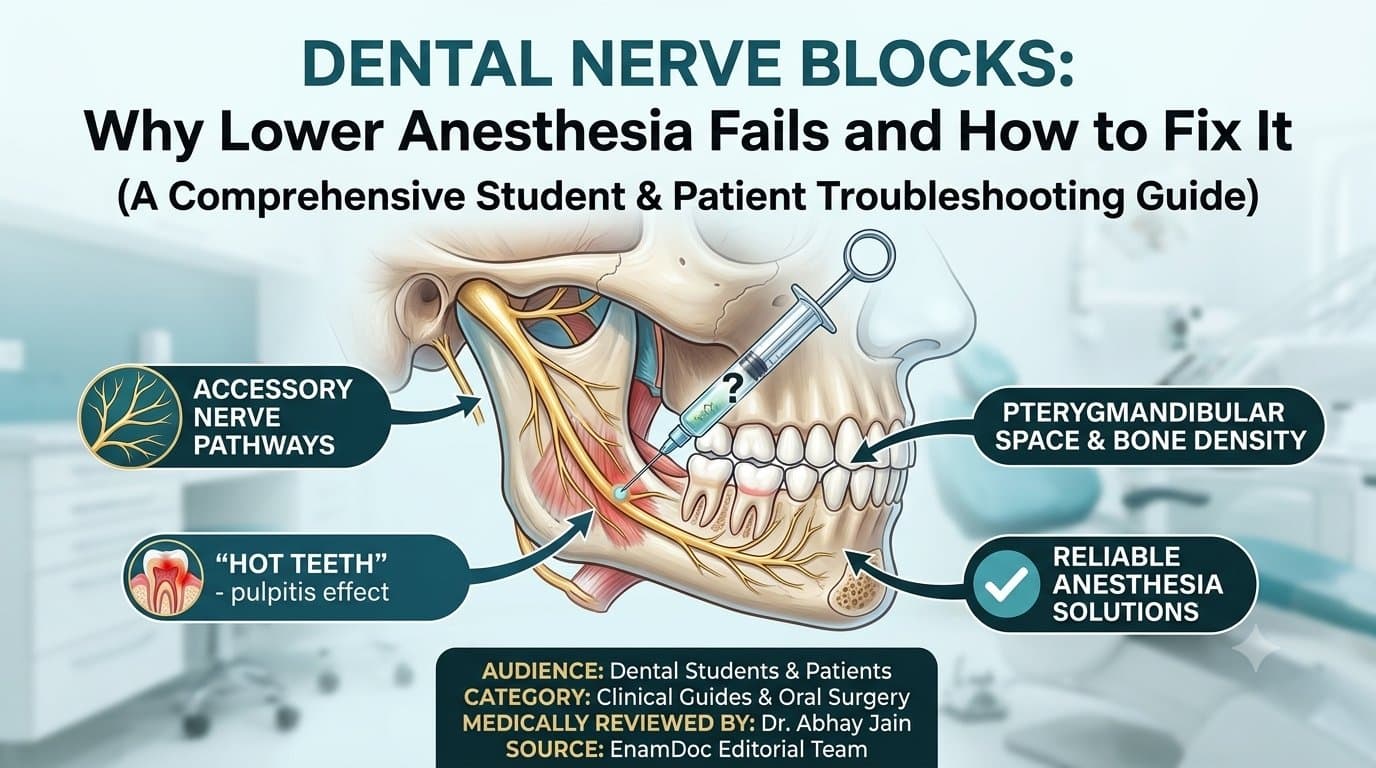 A medical infographic illustration, titled 'DENTAL NERVE BLOCKS: Why Lower Anesthesia Fails and How to Fix It (A Comprehensive Student & Patient Troubleshooting Guide)'. The image features a detailed anatomical diagram of a human lower jaw and skull, with branching yellow mandibular nerves. A medical syringe points towards the inferior alveolar nerve, marked with a question mark. Several callouts identify challenges and solutions: 'ACCESSORY NERVE PATHWAYS' with a nerve plexus icon; '"HOT TEETH" - pulpitis effect' with an inflamed tooth pulp icon; 'PTERYGMANDIBULAR SPACE & BONE DENSITY'; and 'RELIABLE ANESTHESIA SOLUTIONS' with a green checkmark. At the bottom, a footer specifies 'AUDIENCE: Dental Students & Patients', 'CATEGORY: Clinical Guides & Oral Surgery', 'MEDICALLY REVIEWED BY: Dr. Abhay Jain', and 'SOURCE: EnamDoc Editorial Team'. The entire graphic is set against a clean, blurred dental office background with equipment, rendered in a professional, clean style