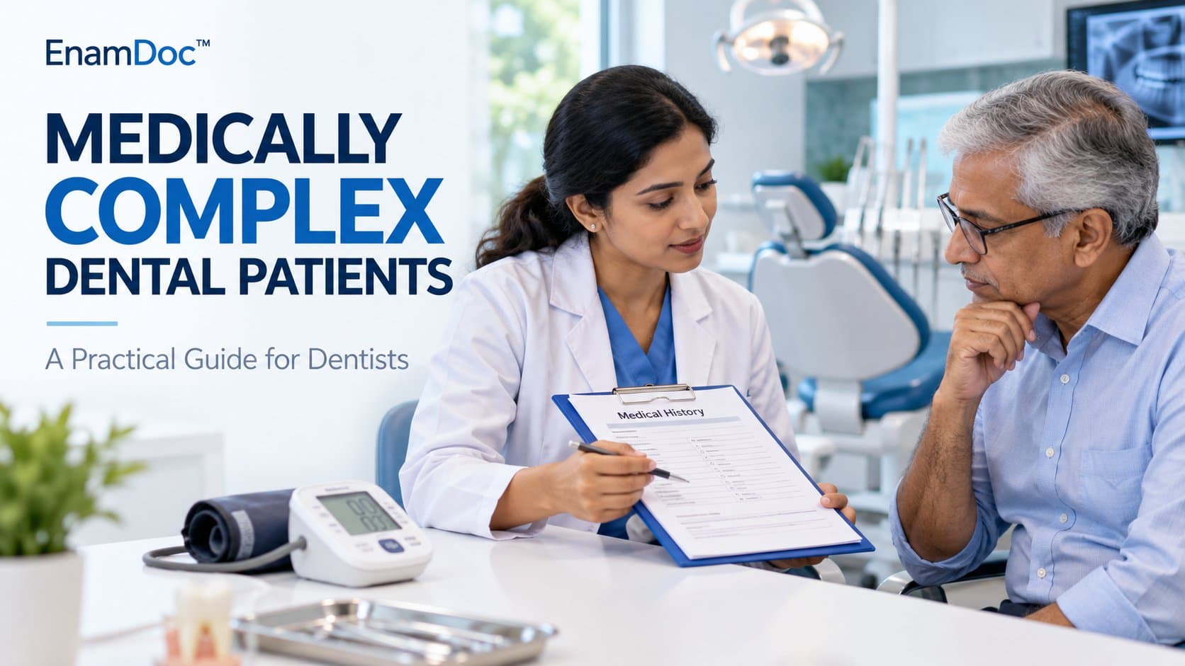 Dentist reviewing a medical history form with an older patient, with a blood pressure monitor nearby.