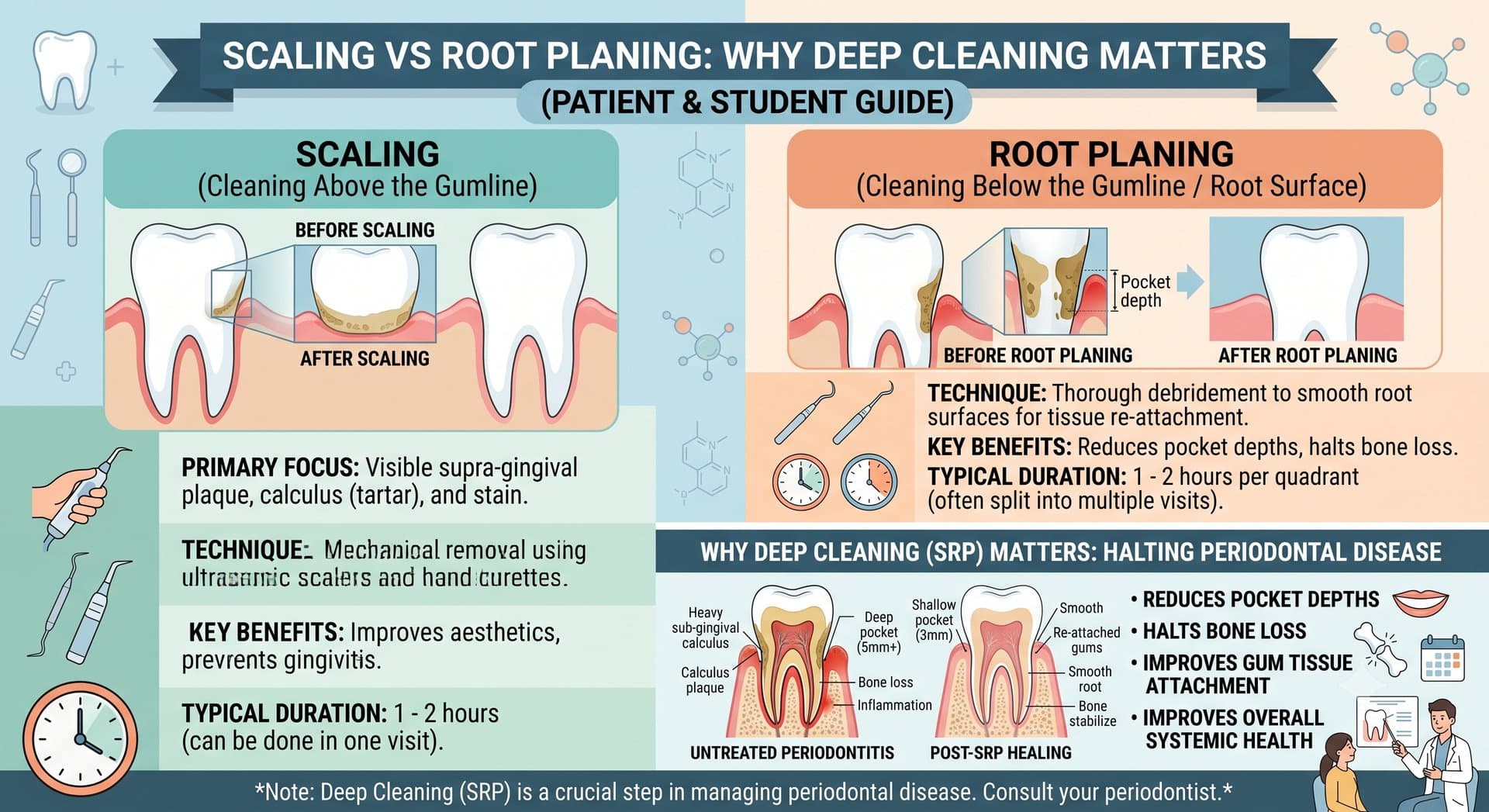 An educational infographic titled "Scaling vs Root Planing: Why Deep Cleaning Matters (Patient & Student Guide)" split into three main sections: Scaling (Cleaning Above the Gumline): Features before-and-after diagrams of a tooth crown showing the removal of visible supragingival plaque and calculus. Key notes outline focus on visible tartar/stain, mechanical removal using ultrasonic scalers and hand curettes, aesthetic benefits, and a typical single-visit duration of 1–2 hours. Root Planing (Cleaning Below the Gumline / Root Surface): Illustrates deep periodontal pockets, root debridement, and smoothed root surfaces post-treatment. Summarizes technique for tissue reattachment, key benefits of reducing pocket depths and halting bone loss, and multi-visit duration (1–2 hours per quadrant). Why Deep Cleaning (SRP) Matters: A bottom comparative cross-section shows untreated periodontitis (deep 5mm+ pockets, calculus, bone loss, inflammation) versus post-SRP healing (shallow 3mm pockets, reattached gums, stabilized bone). Key takeaways list reduction of pocket depth, prevention of bone loss, improved gum attachment, and overall systemic health benefits.