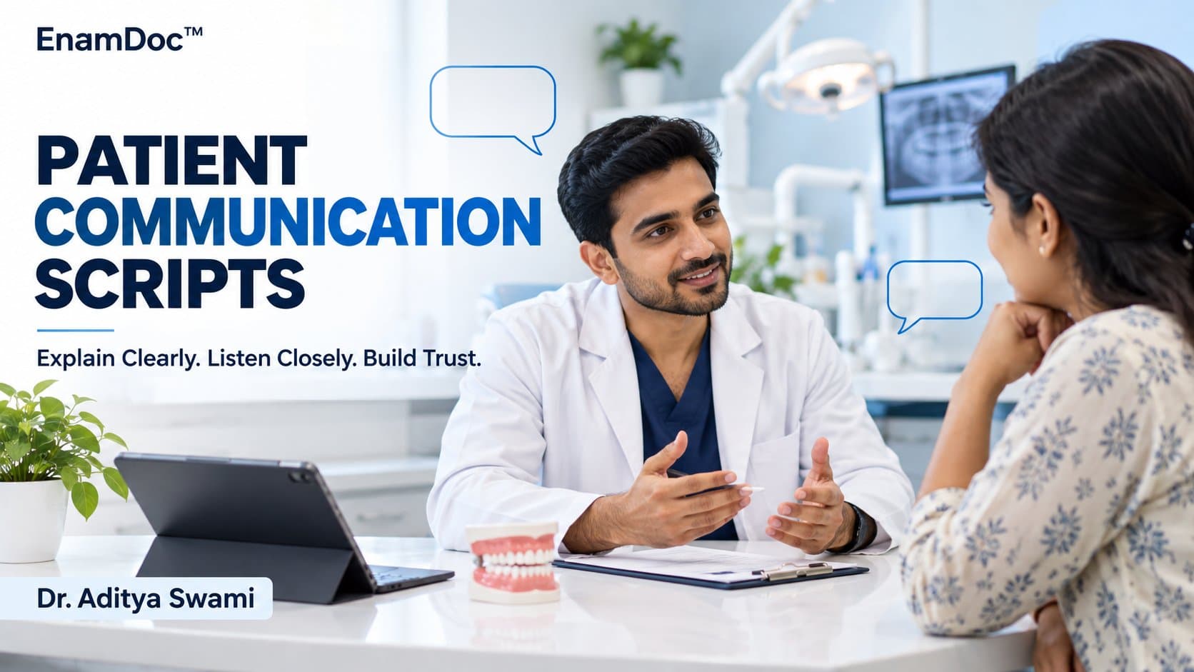 Dentist discussing care with an attentive patient, with a tablet and dental model on the consultation table.