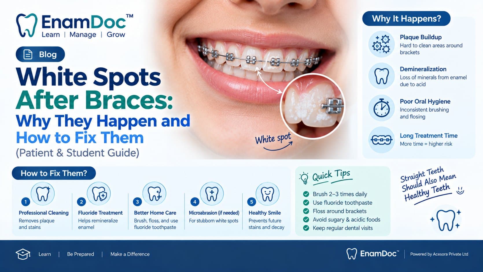 EnamDoc blog cover showing white spots on teeth after braces, with a close-up of orthodontic brackets and enamel discoloration, alongside causes, treatment options, and oral hygiene tips for patients and dental students.