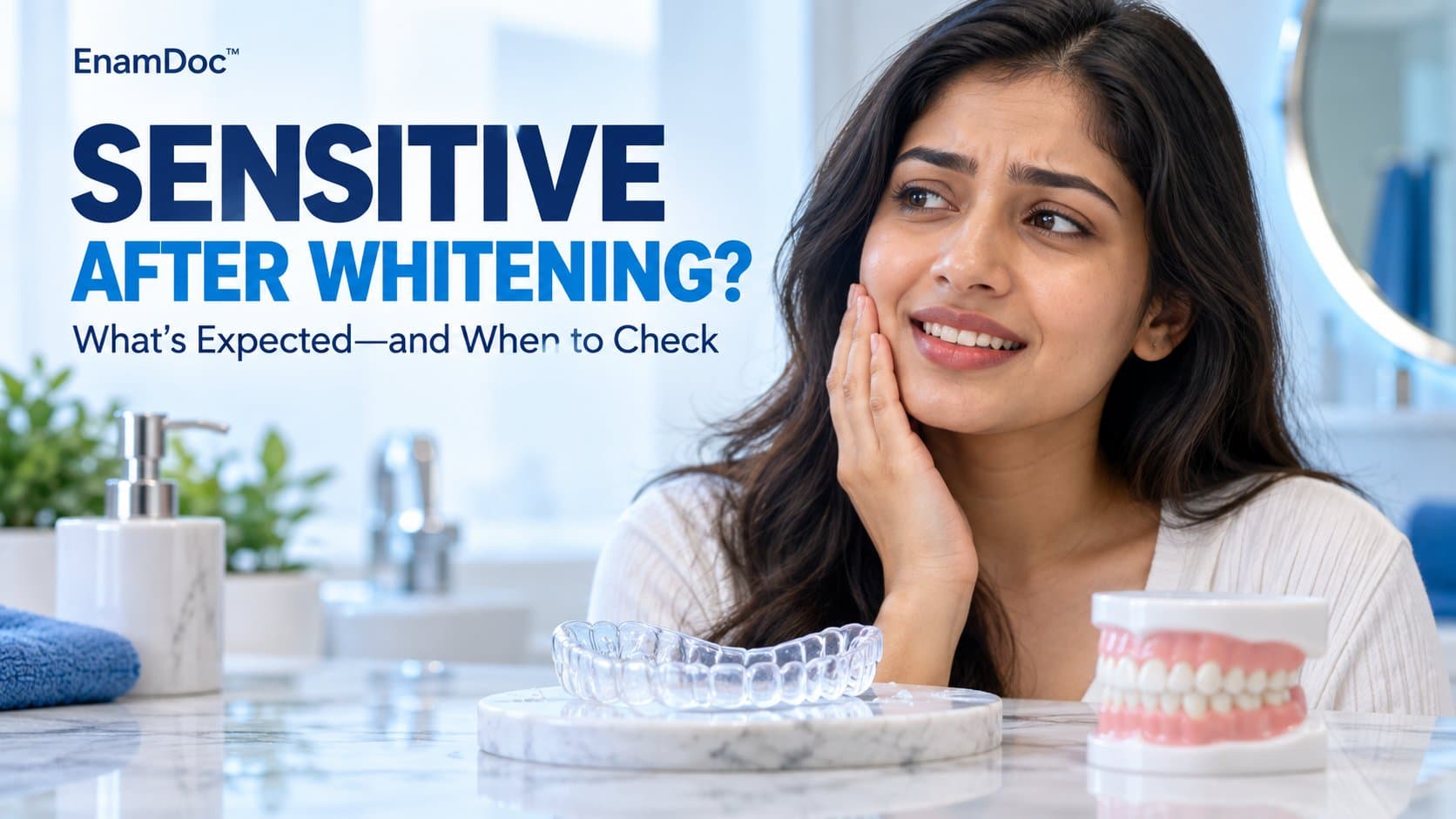 Woman touching her cheek with a concerned expression, with a whitening tray and dental model in the foreground.