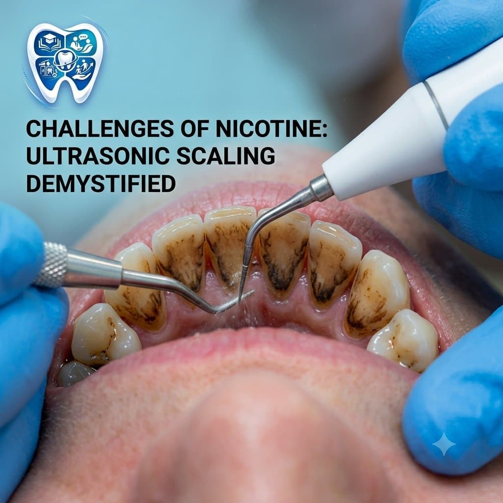 Close-up clinical photograph showing ultrasonic scaling on teeth with nicotine stains.